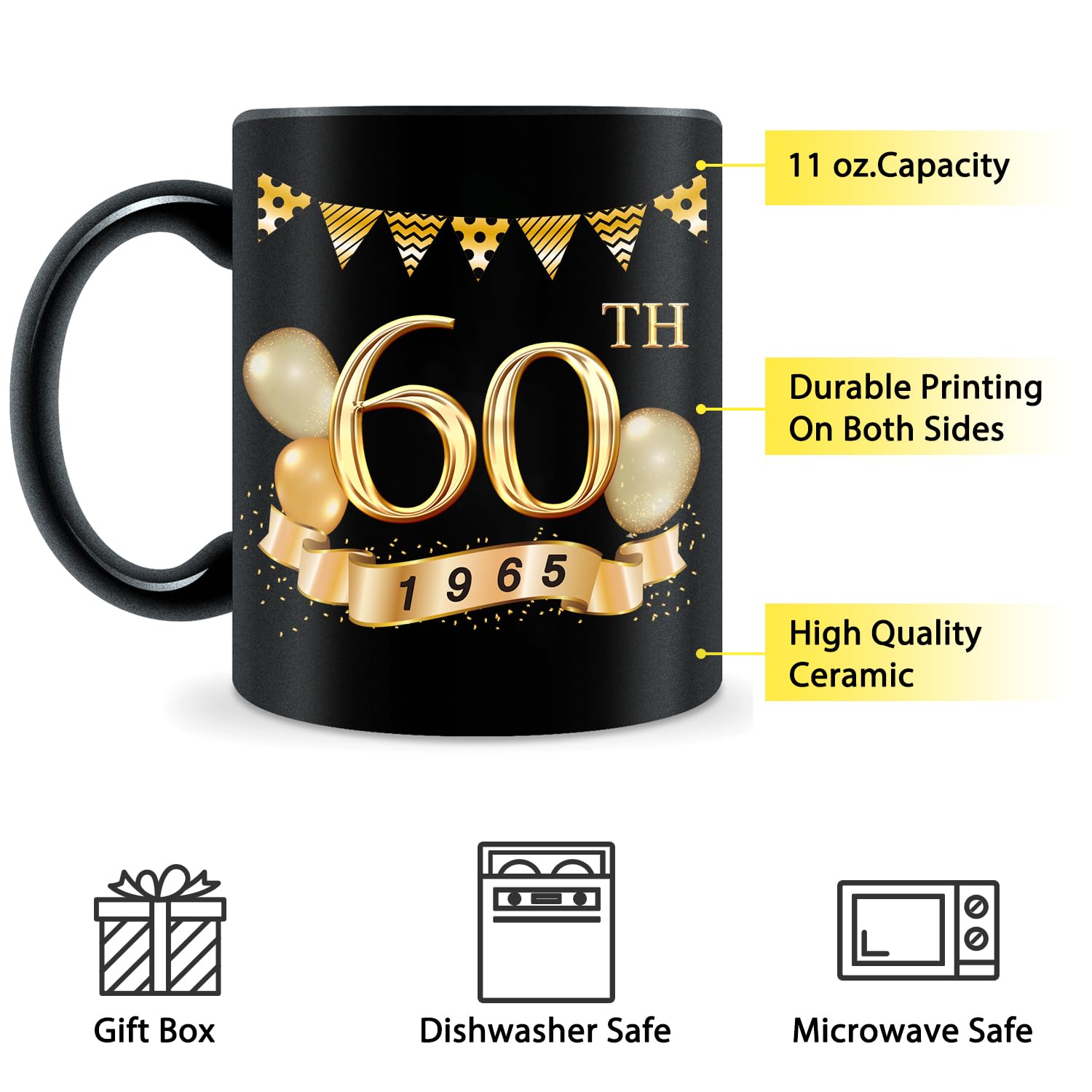 60th Birthday Gifts for Men & Women - Unique 1965 Themed Presents for 60 Year Olds - Funny & Sentimental Coffee Mug Gift Idea - Perfect for Dad, Mom, Husband, Wife Celebrating 60th Milestone (Great for Birthday Parties, Retirement Celebrations & Anniversary Gifts)