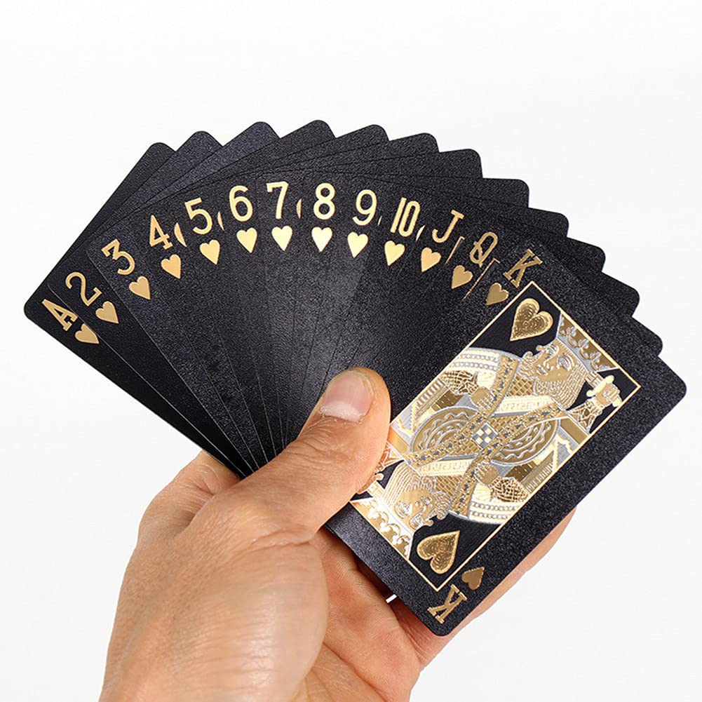 2 Pack Black Skull Poker Playing Cards - Waterproof Plastic with Gold Foil, Highly Flexible (2 Decks + Storage Bag) - Perfect for Poker Nights, Magic Tricks & Halloween Parties