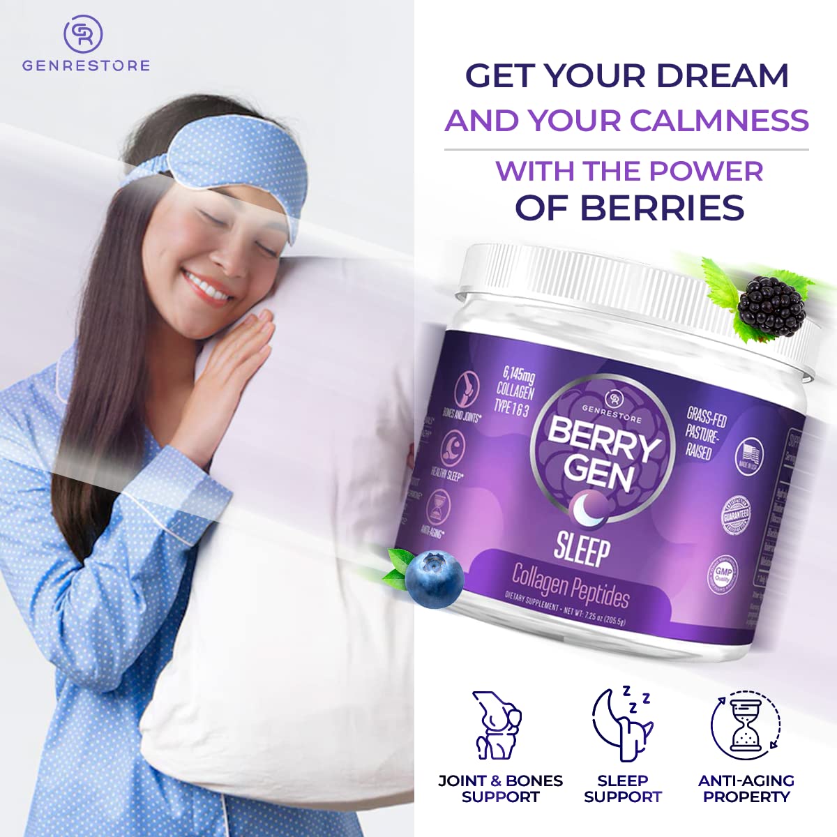 Berry Gen Sleep (3) | Natural Sleep Aid Supplement with Grass-Fed Collagen Peptides Type 1 & 3 | Non-GMO, Gluten Free | 205.5 Grams | Promotes Relaxation & Deep Sleep for Better Rest