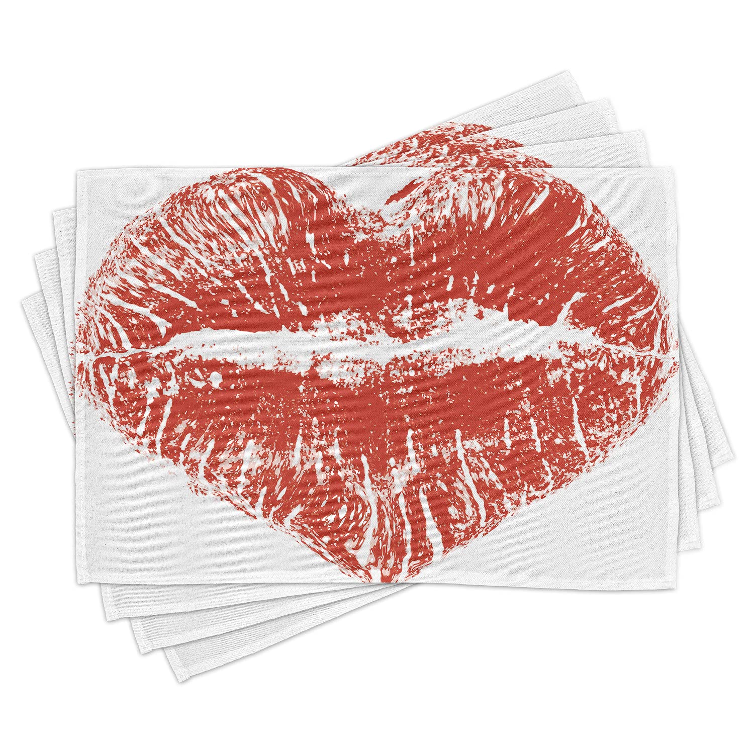 Ambesonne 4-Piece Kiss Placemats Set - Romantic Red Lipstick Heart Design for Dining Table Decor, Washable Fabric Place Mats for Kitchen & Dining Room - Perfect for Valentine's Day, Date Night & Romantic Dinners (Red & White)