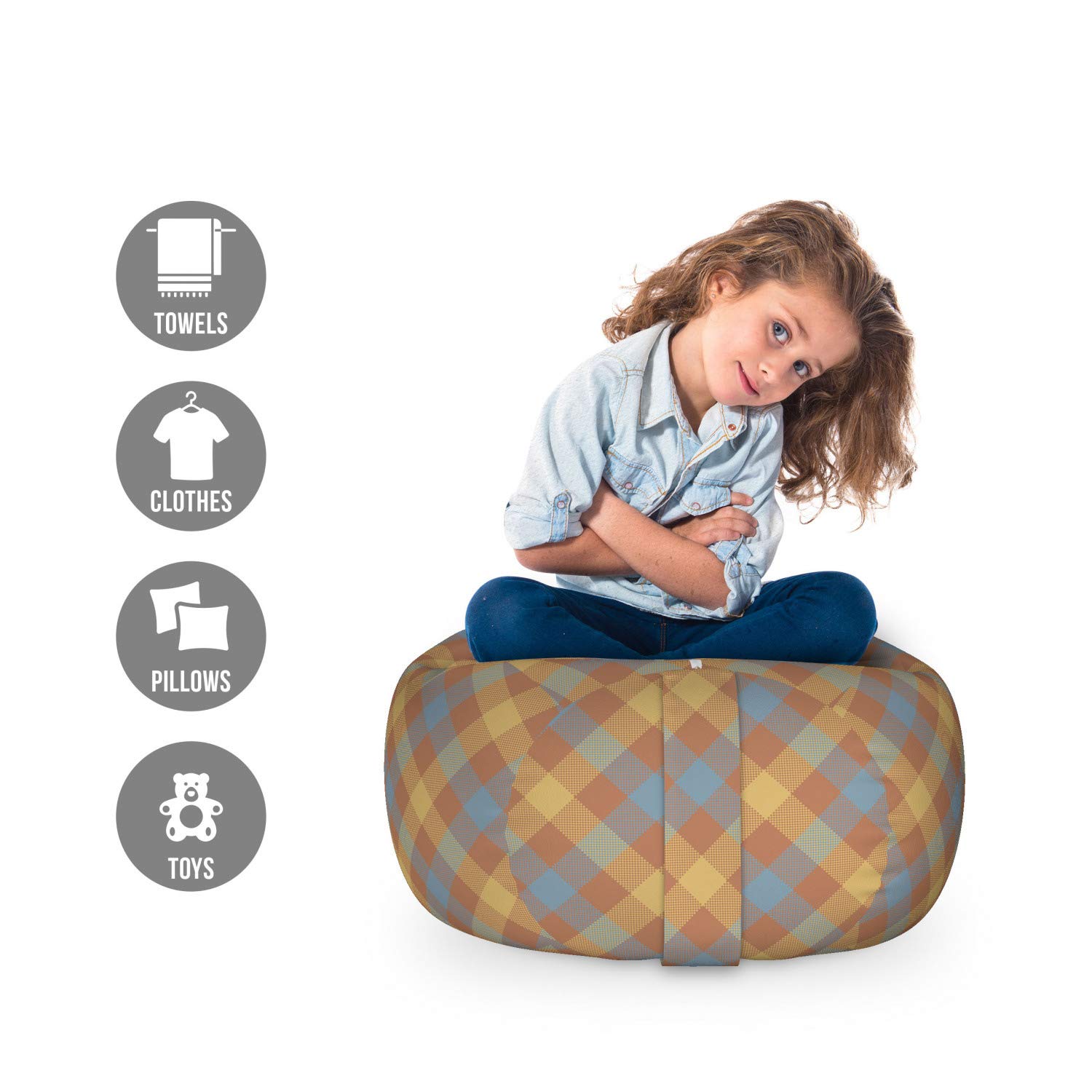 Ambesonne Brown Plaid Toy Storage Bag Chair - Washable Stuffed Animal Organizer with Overlapping Squares Design - Small Size in Blue Grey & Pale Caramel - Perfect for Kids' Room, Nursery, and Playroom Organization