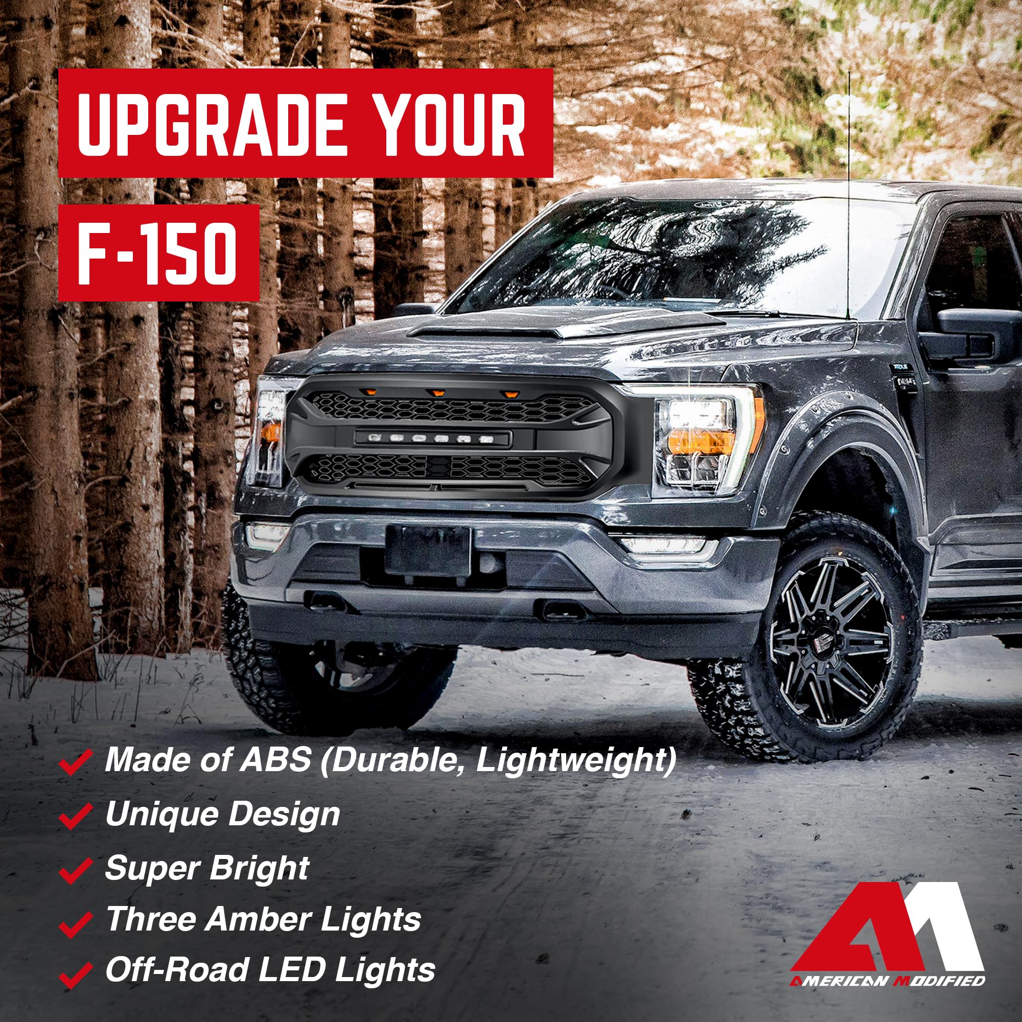 2021-2023 Ford F150 Front Grille Replacement - Matte Black Mesh Grill with Off-Road Lights (No Camera Hole) | Durable Aftermarket Upgrade for Enhanced Style & Off-Road Performance | Perfect for Truck Enthusiasts & Outdoor Adventures