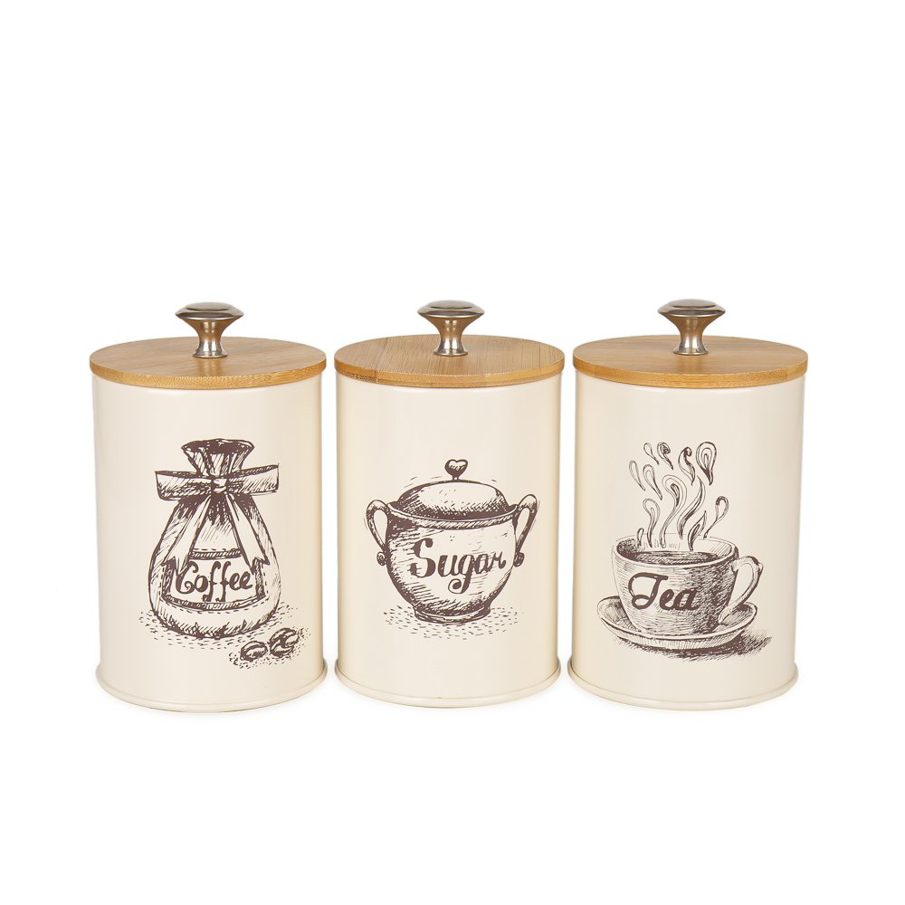 Premium Set of 3 Airtight Metal Food Storage Canisters with Bamboo Lids - Kitchen Pantry Organization for Flour, Sugar, Coffee & Dry Goods - Ideal for Home, Restaurant & Office Use