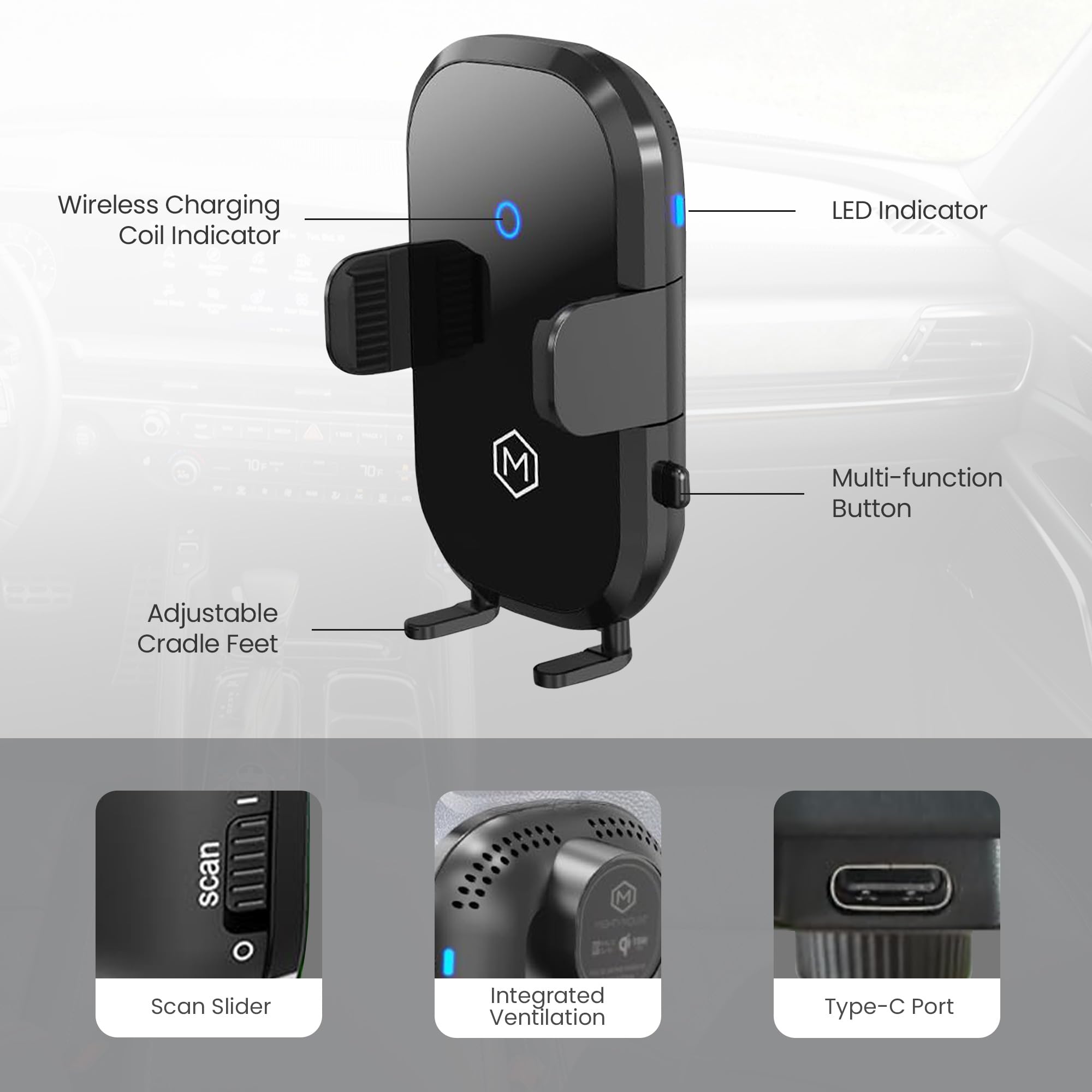 Fast Wireless Car Charger Phone Mount - 15W Qi-Certified Auto-Scan Charging, Multi-Angle Adjustable Suction Cup & Grip (Fits Phones 2.8