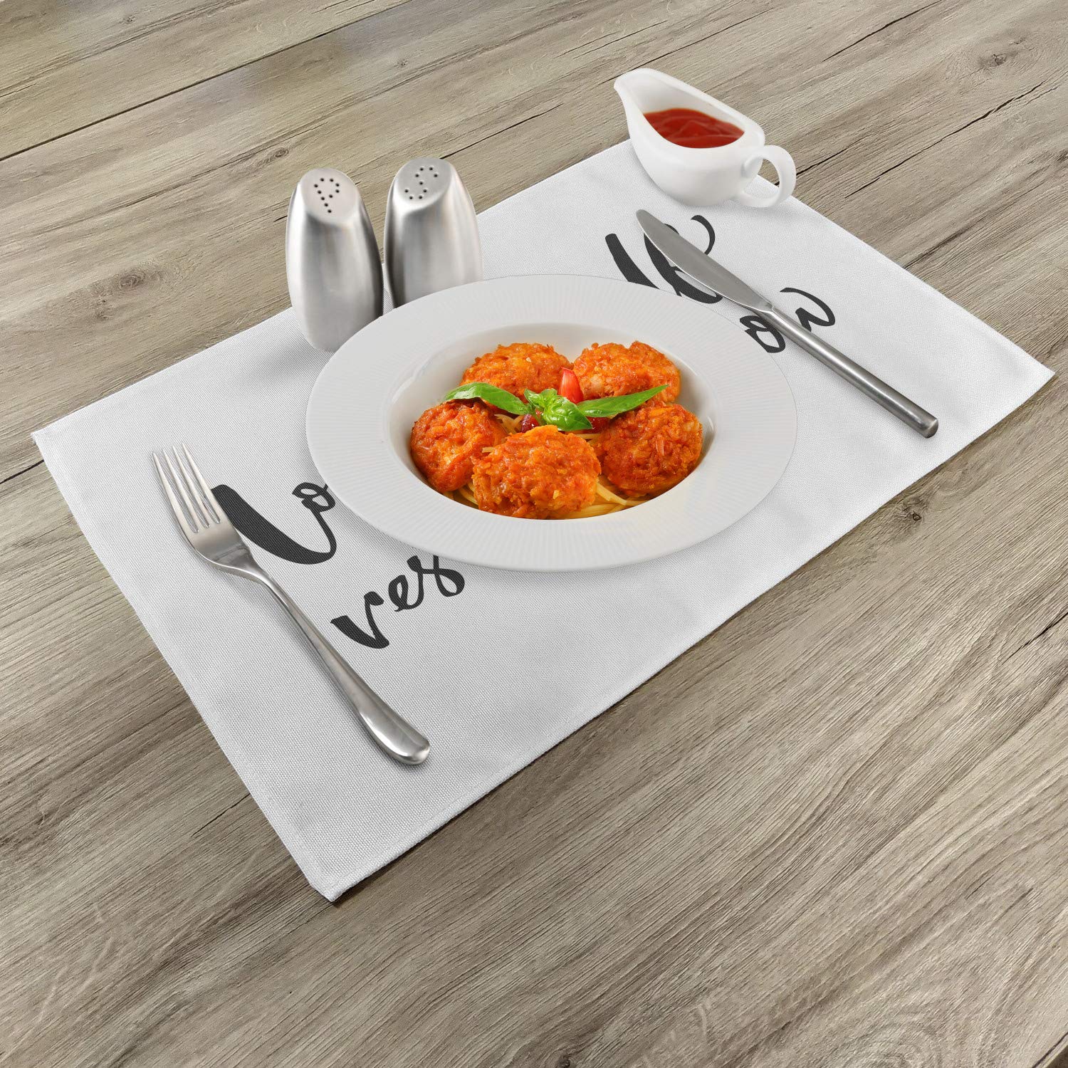 Ambesonne Inspirational Place Mats Set of 4 - 'Love Yourself' Motivational Phrase - Washable Fabric Dining Table Mats - Standard Size Charcoal Grey & White - Perfect for Home Decor, Dinner Parties & Daily Inspiration