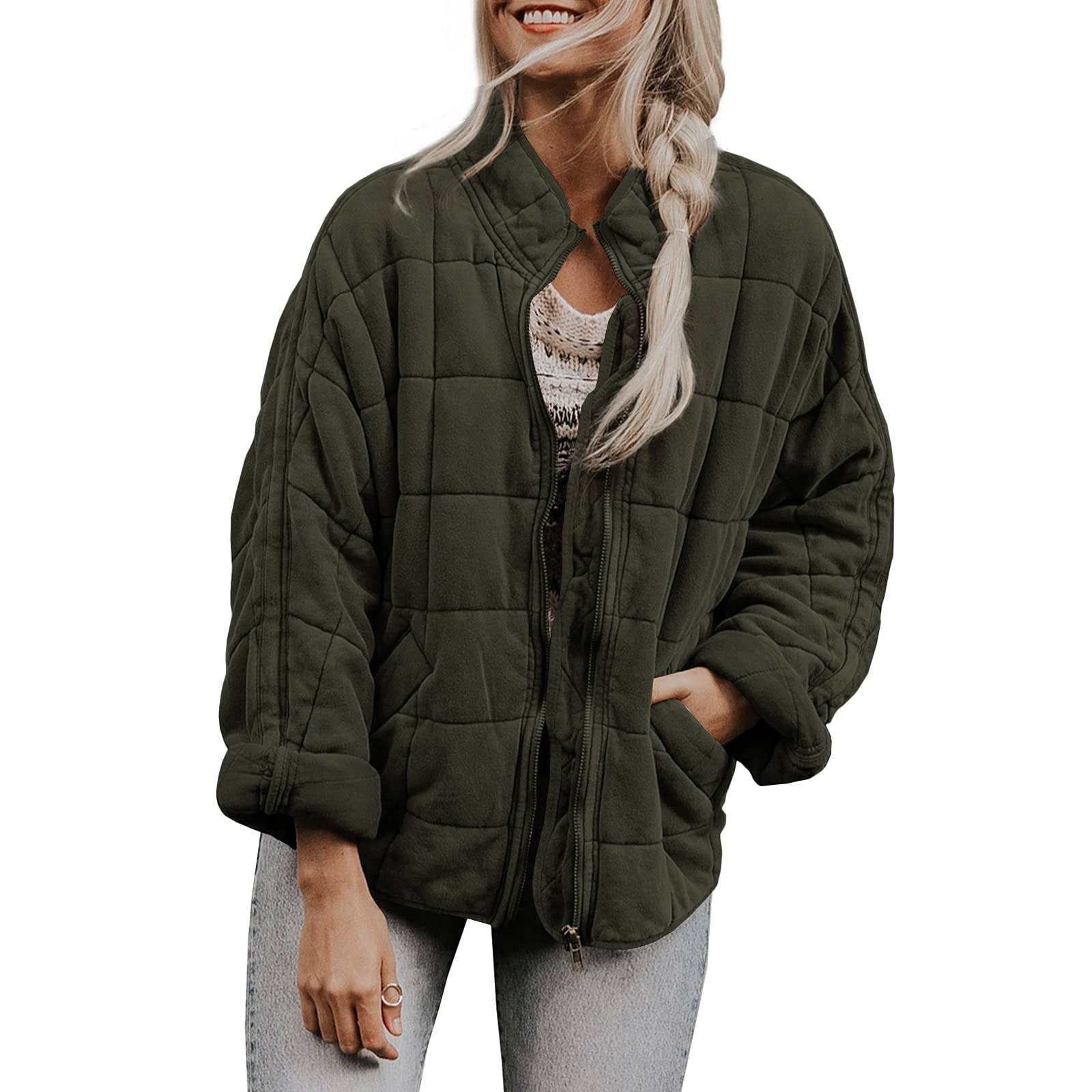 Women's Quilted Jacket Long Sleeve Casual Loose Fit Cotton Coat - Stylish Outerwear for Fall Winter, Perfect for Daily Wear, Work, Shopping & Outdoor Activities