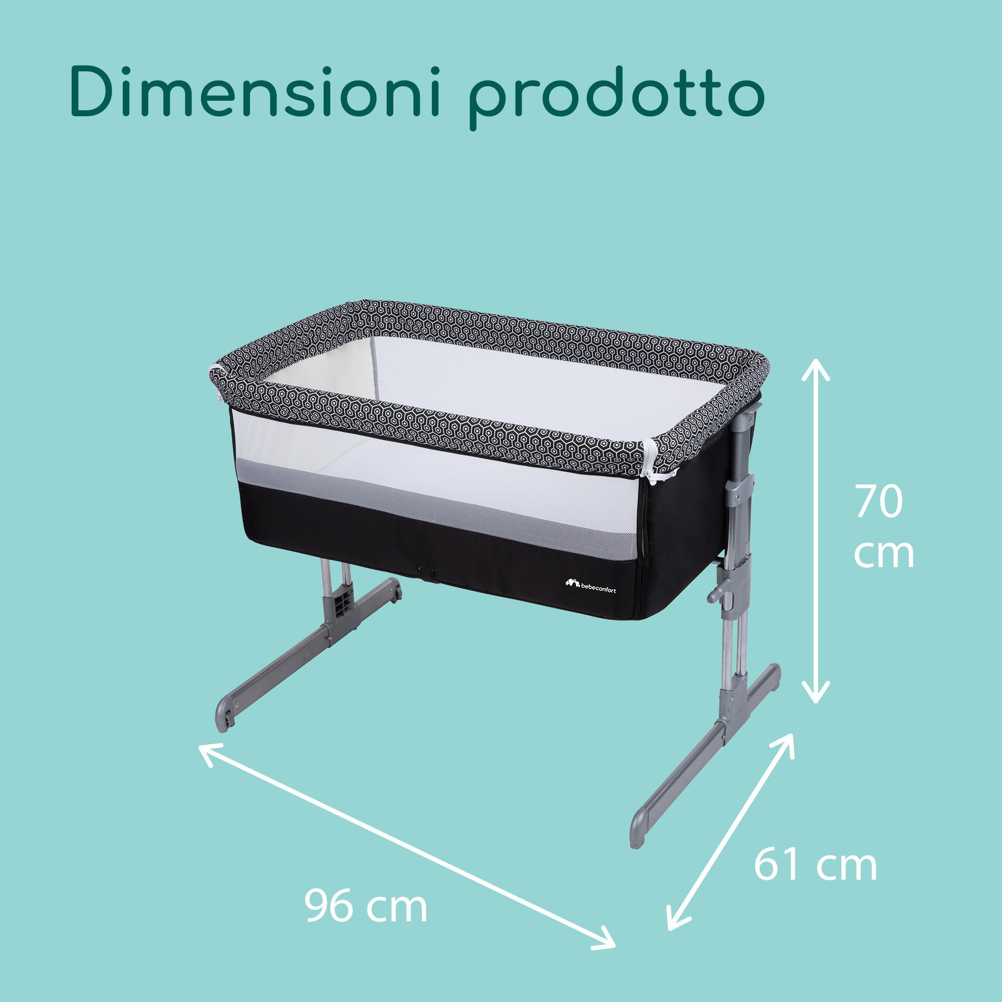 Bebeconfort Calidoo 2-in-1 Baby Crib & Co-Sleeper | 0-6 Months (0-9 kg) | Adjustable 5 Height Positions | Breathable Mesh Panels | Large Padded Mattress | Easy Open Side | Geometric Design | Perfect for Nursery & Bedroom Co-Sleeping