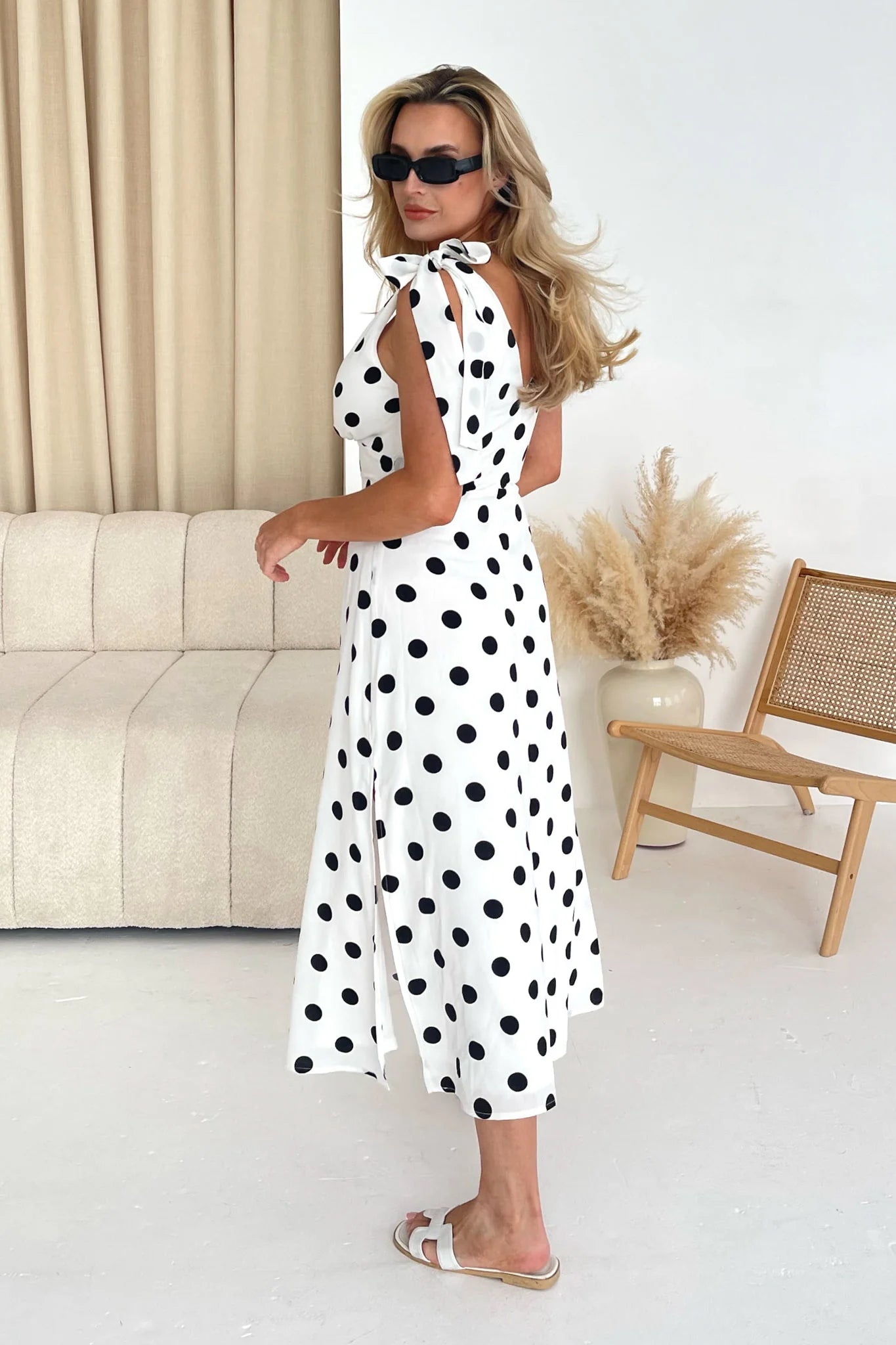 Beverly Tie Shoulder Midi Dress - White Black Polka Dot Floral Print Summer Dress for Women | Perfect for Beach Vacation, Date Night & Cocktail Party