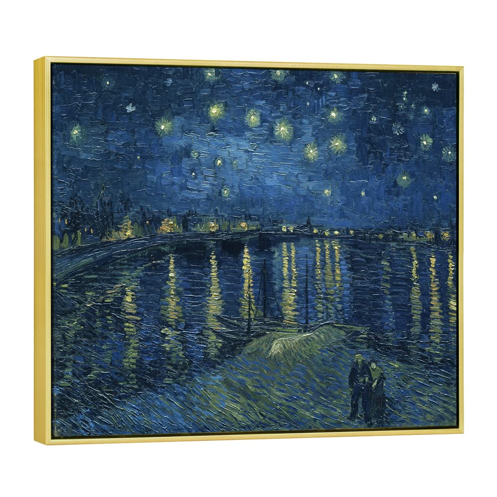 Van Gogh Starry Night Over The Rhone Framed Canvas Print - High Quality Reproduction Wall Art with Golden Frame for Living Room, Bedroom & Office Decor | Perfect Gift for Art Lovers