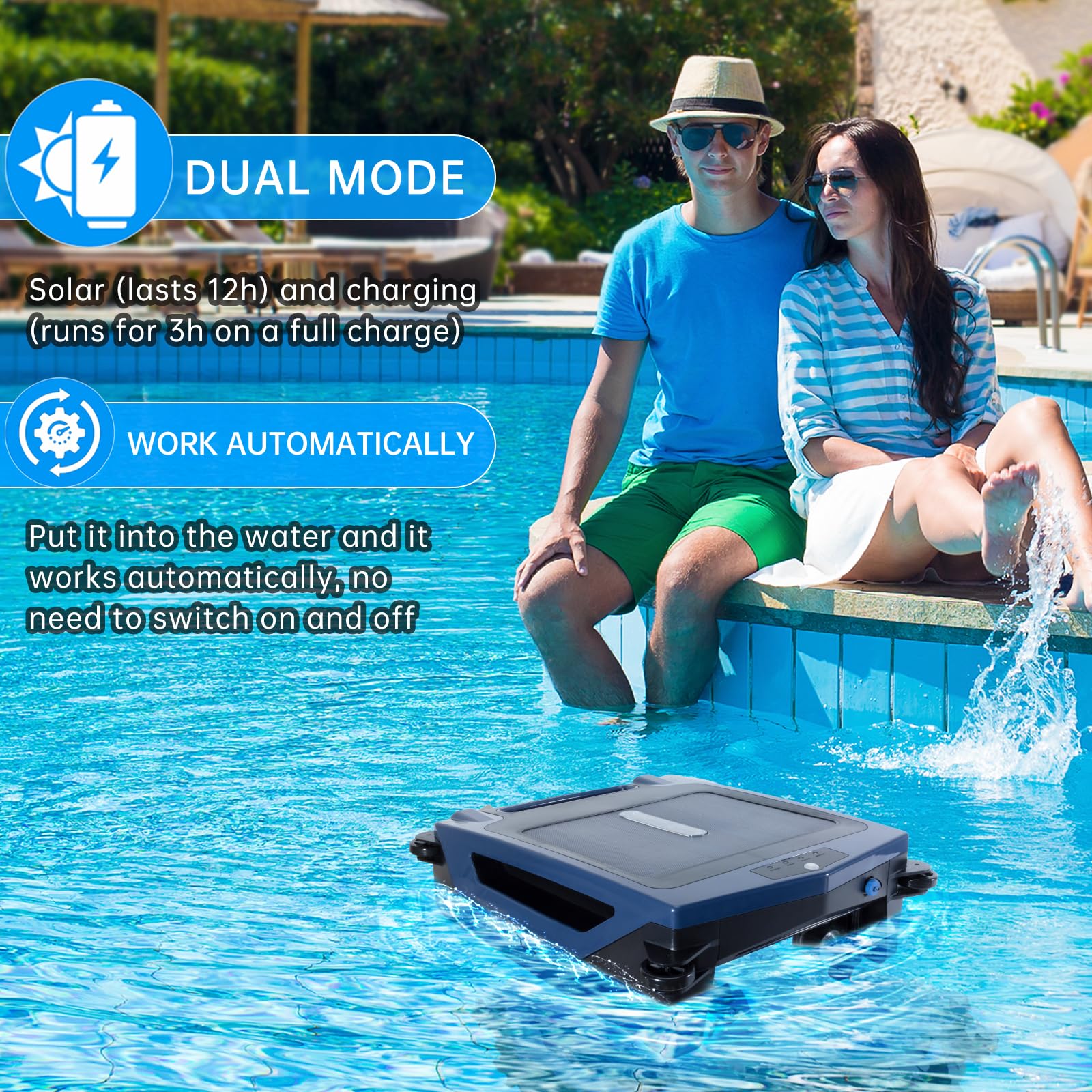 Solar & Rechargeable Robotic Pool Cleaner - Cordless Automatic Pool Vacuum with Smart Skimmer Basket, Auto-Escape & Auto-Turn Technology | Perfect for In-Ground & Above Ground Pools, Weekly Maintenance & Seasonal Cleaning
