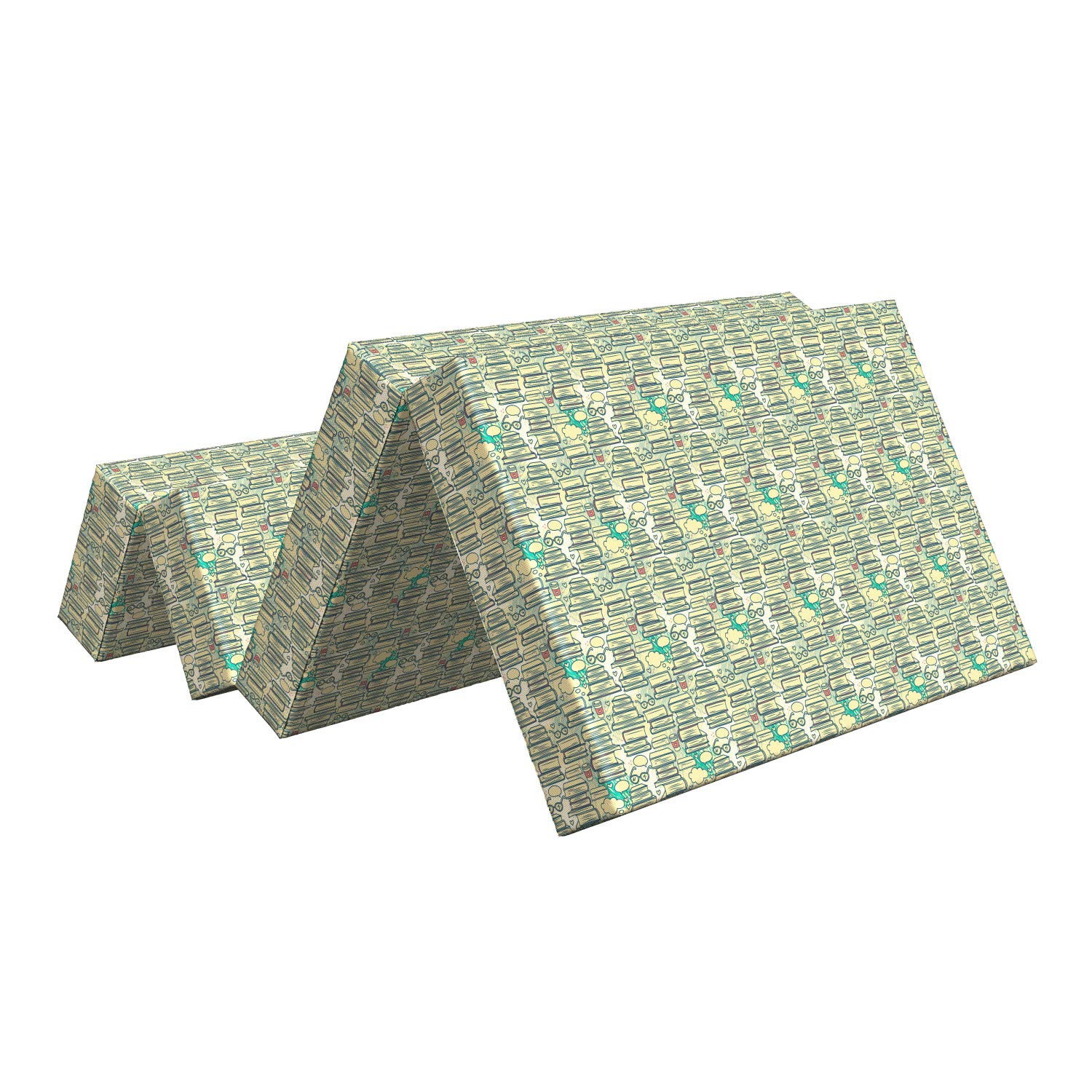 Ambesonne Book Lover Foldable Mattress - 74.8 x 39.4 Inch Cream Almond Green Design with Stacks of Books Coffee Print - Perfect for Guest Beds, Dorm Rooms & Reading Nooks