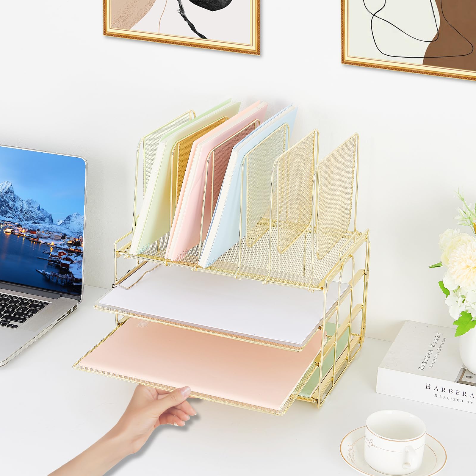 AUPSEN 3-Tier Metal Desk Organizer with 5-Section Vertical File Holder - Gold Office Supplies for Home & Workspace - Perfect for Paper Storage, Document Organization & Office Accessories Arrangement