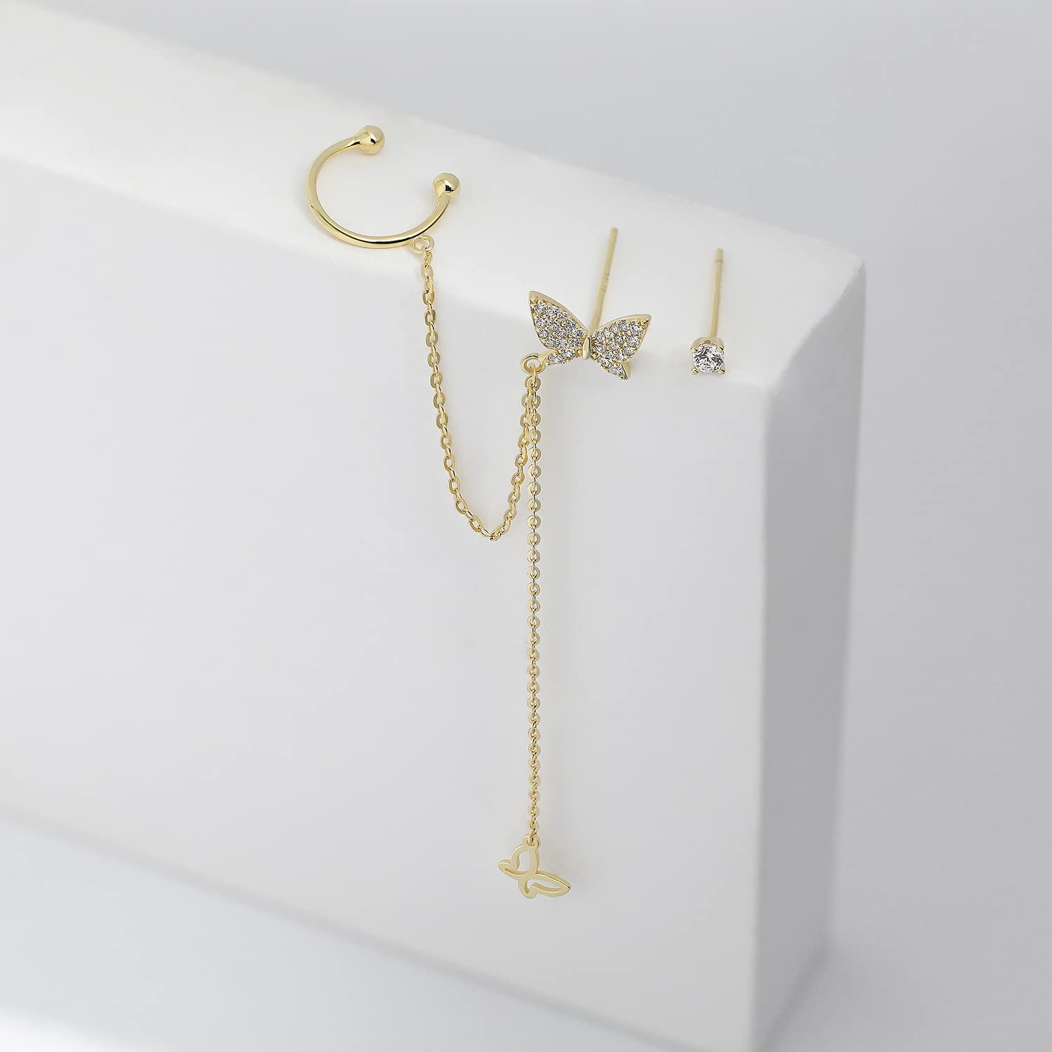 Butterfly Ear Cuff & CZ Chain Earrings for Women - 925 Sterling Silver Gold Plated Elegant Jewelry Gift for Sister, Friend - Perfect for Daily Wear, Parties & Special Occasions