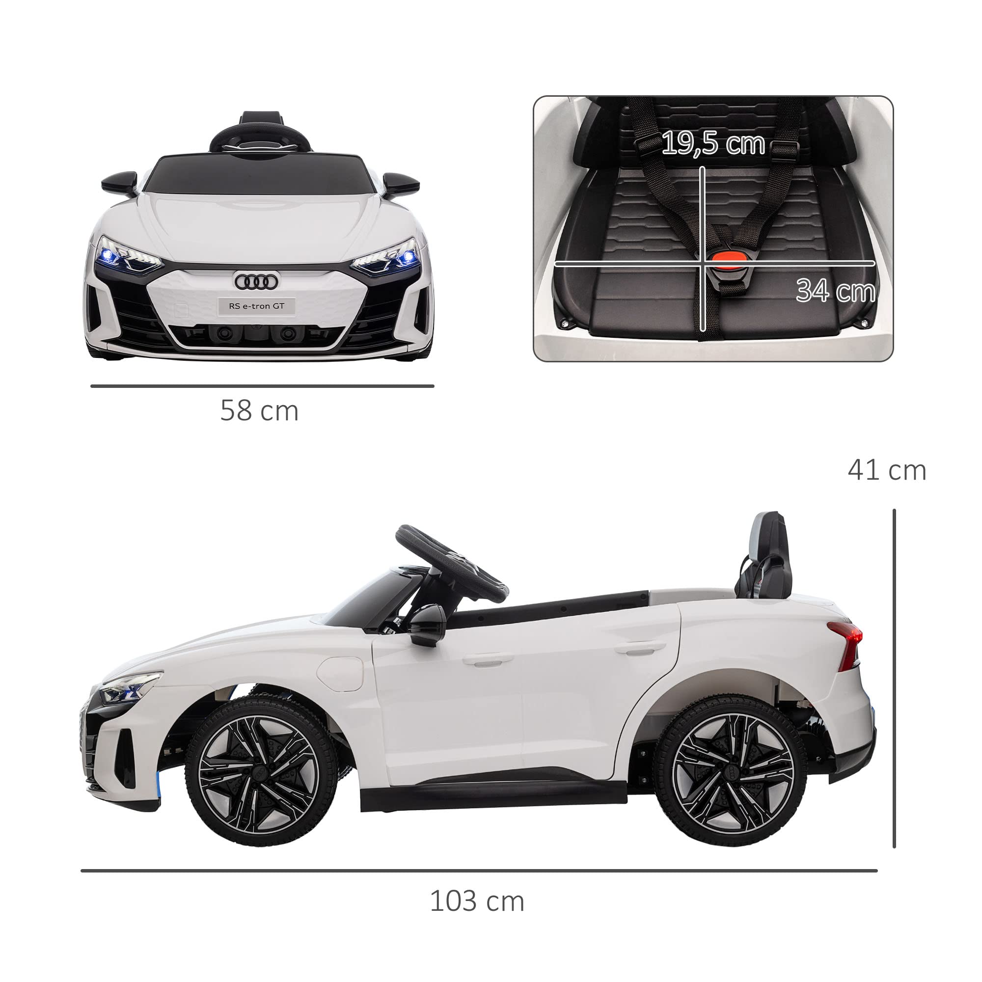 HOMCOM Electric Ride-On Car for Kids 3+ Years, Audi RS e-Tron GT 12V Battery-Powered Ride-On Toy with Remote Control, LED Headlights, Horn, USB Music & Door Opening, 3-5 km/h, White - Perfect for Outdoor Play, Birthday Gifts & Family Fun