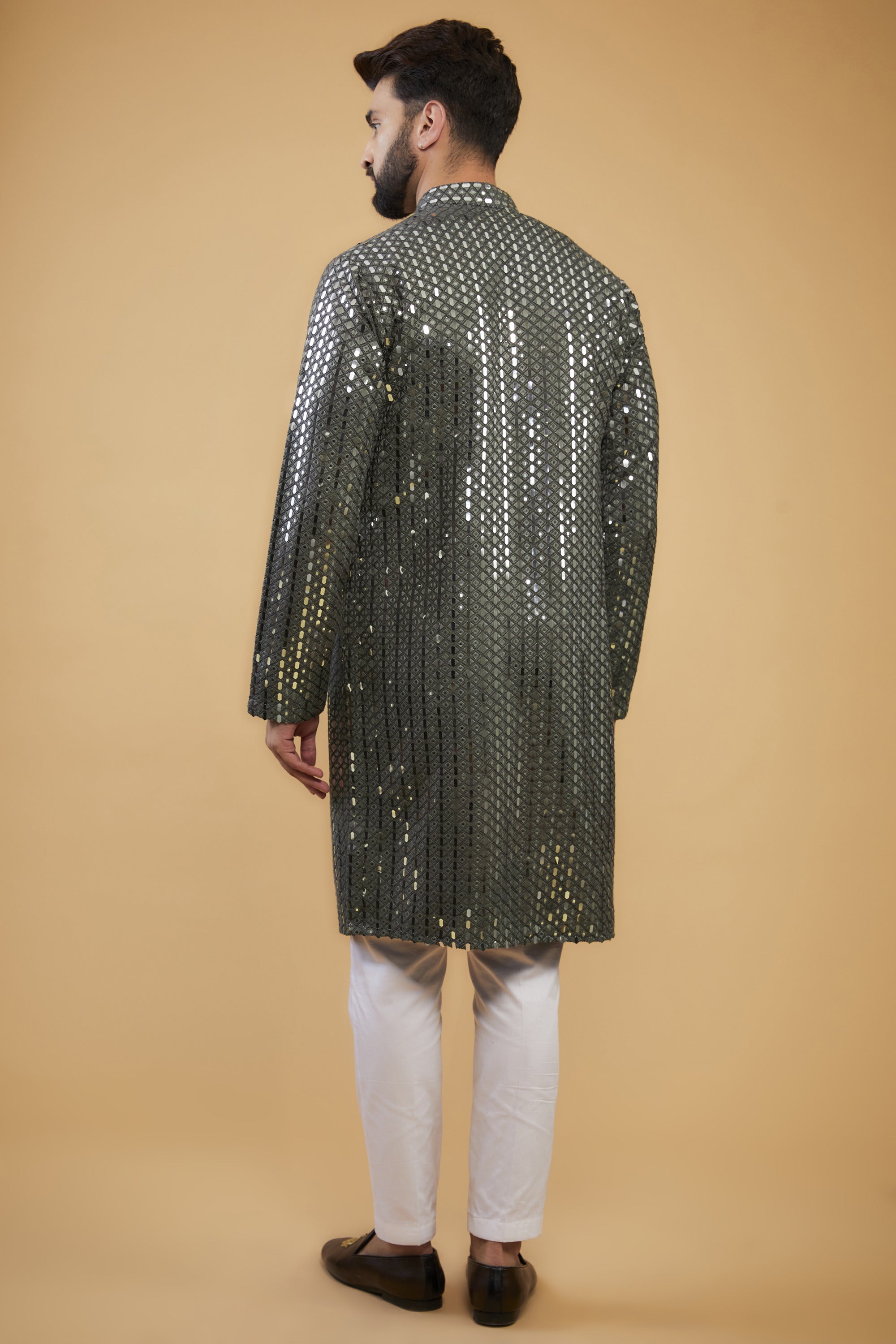 Military Green Heavy Mirror Work Kurta for Men - Embroidered Ethnic Tunic - Traditional Indian Wear for Festivals & Weddings