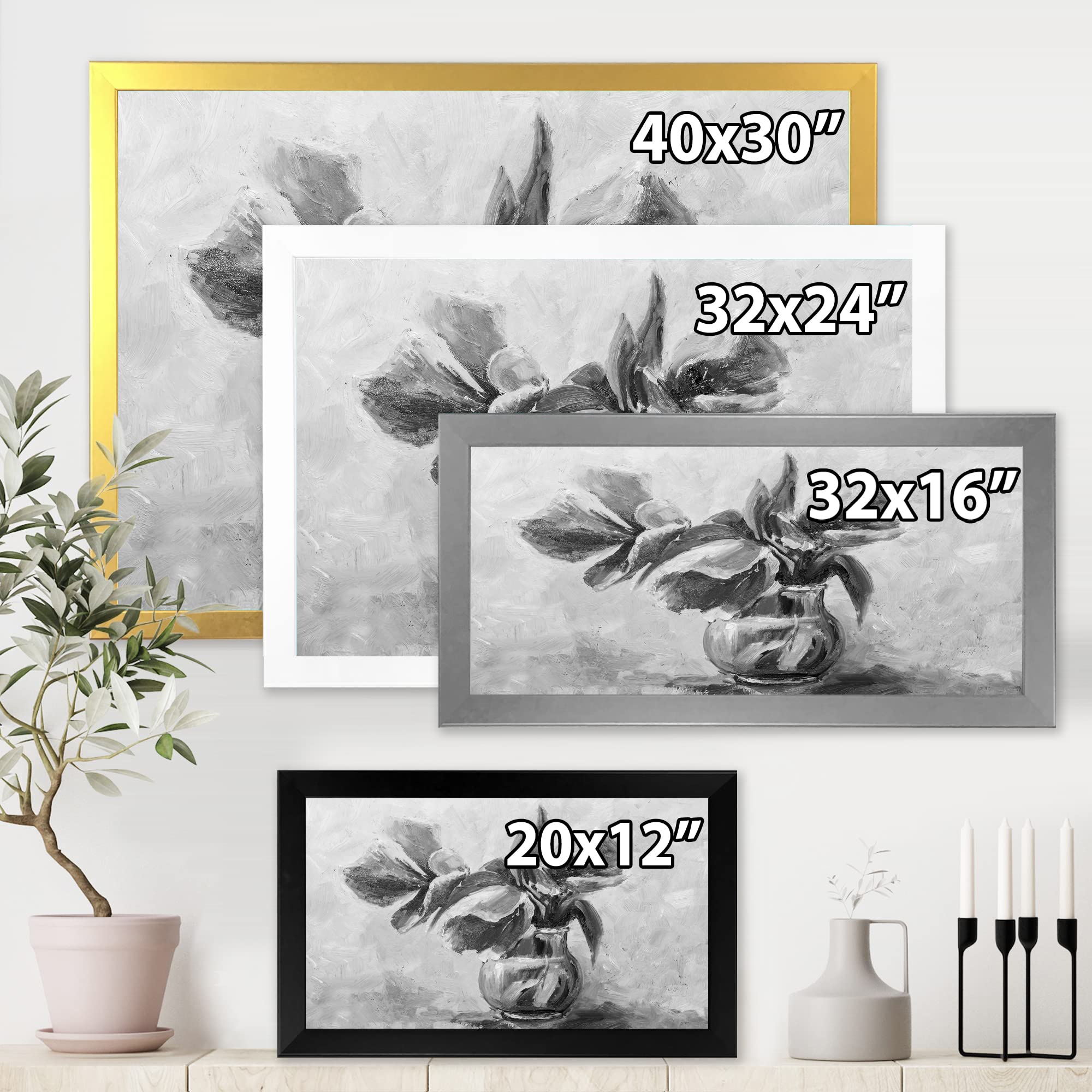 DesignQ Monochrome Still Life Flower Vase Painting - Traditional Framed Wall Art Decor for Living Room, Bedroom & Office