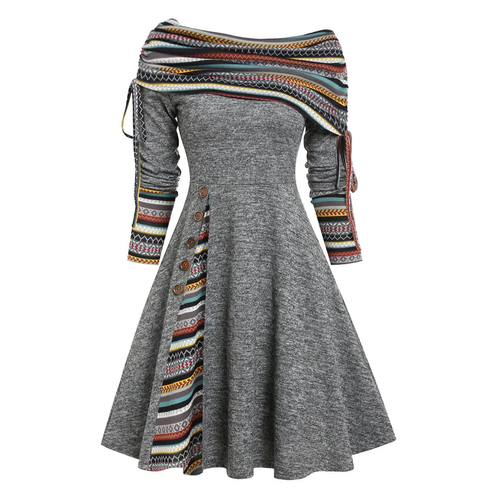 **Women's 2024 Striped Knit Convertible Dress - Off Shoulder, Long Sleeve, Cinched Waist & Flare Hem | Perfect for Date Night, Parties & Casual Outings**