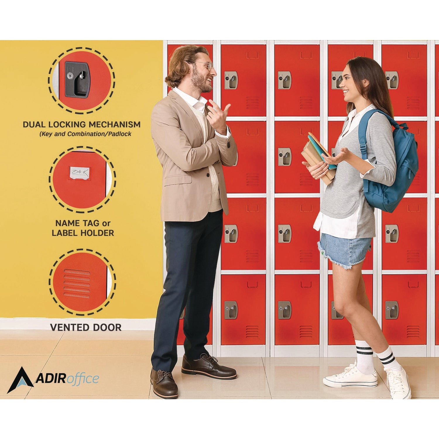 AdirOffice 4 Compartment Steel Storage Locker - 12 x 12 x 72 Inches, Red - Heavy Duty School Gym Locker for Home, Office & Warehouse Organization