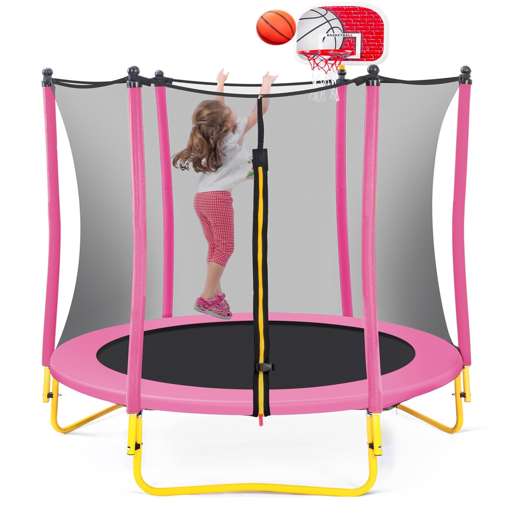 **Merax 66'' Kids Trampoline with Basketball Hoop, Rubber Ball & Safety Enclosure Net – 5.5FT Mini Trampoline for Toddlers (Ages 1-8) – Indoor & Outdoor Use – Perfect Birthday Gift for Active Play & Exercise**