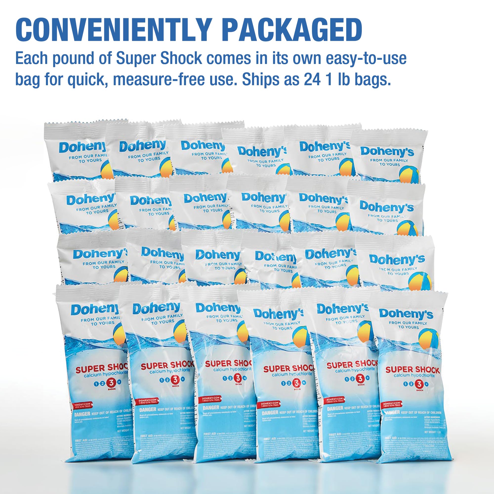 Doheny's Super Pool Shock | 68% Cal-Hypo Granular Chlorine Shock for Pools - Quick Dissolving, Fast Acting, Professional Grade | 24 x 1lb Bags | Made in USA | Perfect for Weekly Maintenance, Algae Treatment & Pool Opening/Closing