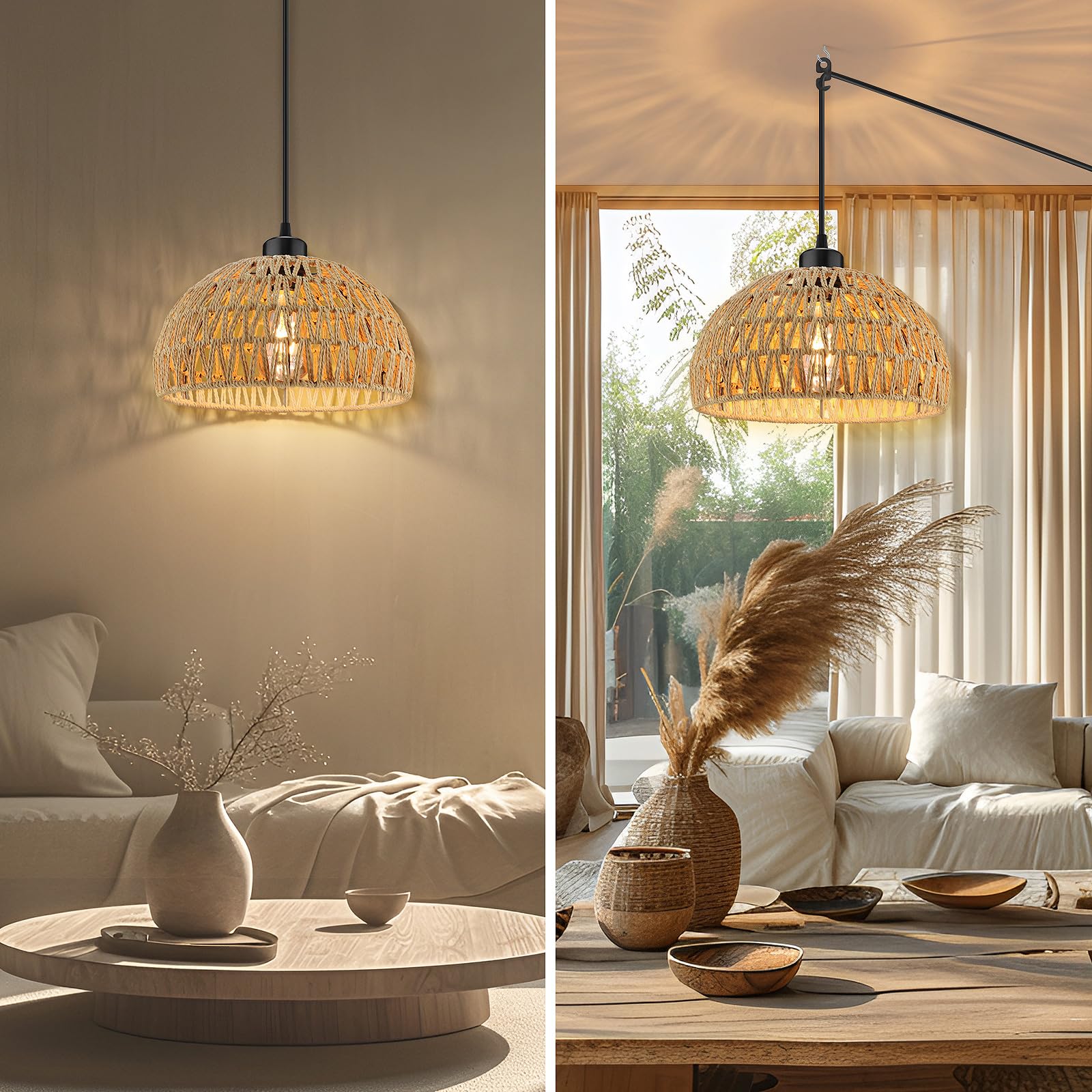 Dimmable Plug-In Pendant Light with 15FT Hemp Rope Cord & Rattan Woven Shade - Industrial Hanging Ceiling Lamp for Kitchen, Dining Room, Bedroom, Cafe Decor