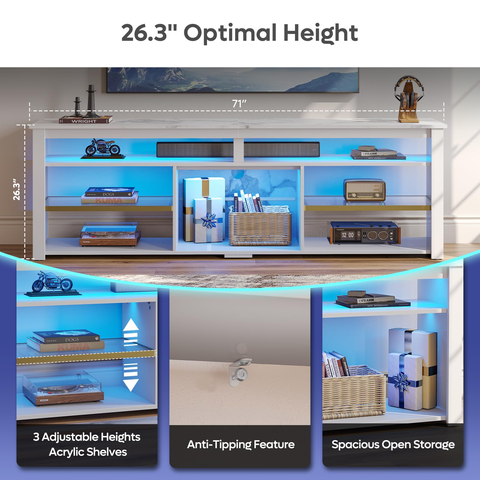Bestier 75 Inch TV Stand with Adjustable Shelves - Modern Tall LED Entertainment Center & Gaming TV Console for PS5 Storage - White Marble TV Cabinet for Living Room & Bedroom - Perfect for Movie Nights & Gaming Sessions