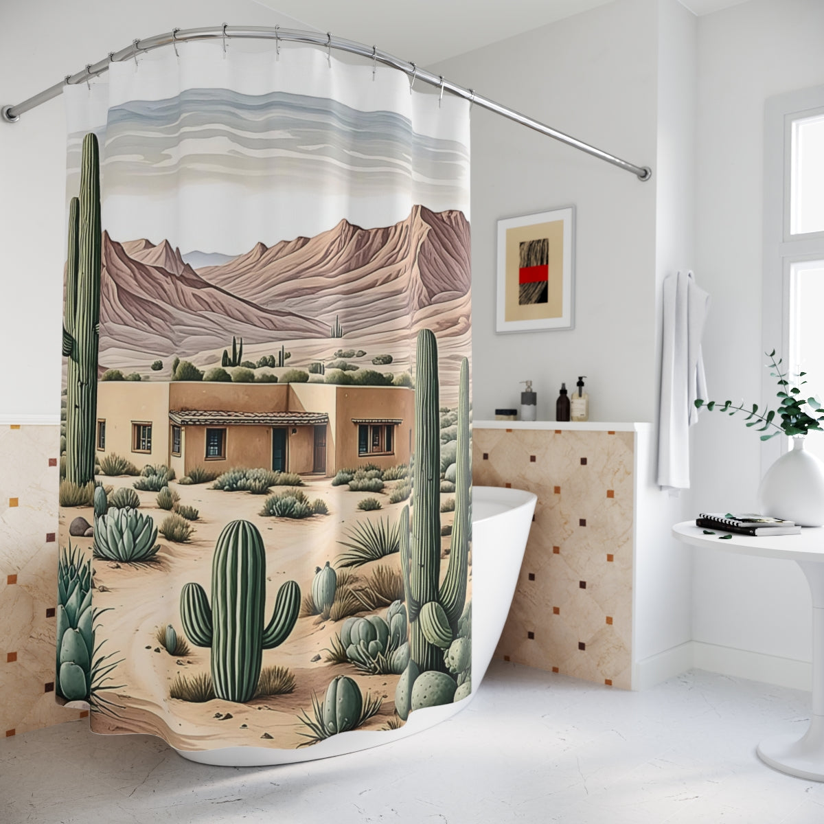 Scenic Desert Shower Curtain with Cactus & Adobe Design - Southwestern Bathroom Decor for Boho & Rustic Western Style - Perfect for Desert-Themed Bathrooms & Southwest Home Decor