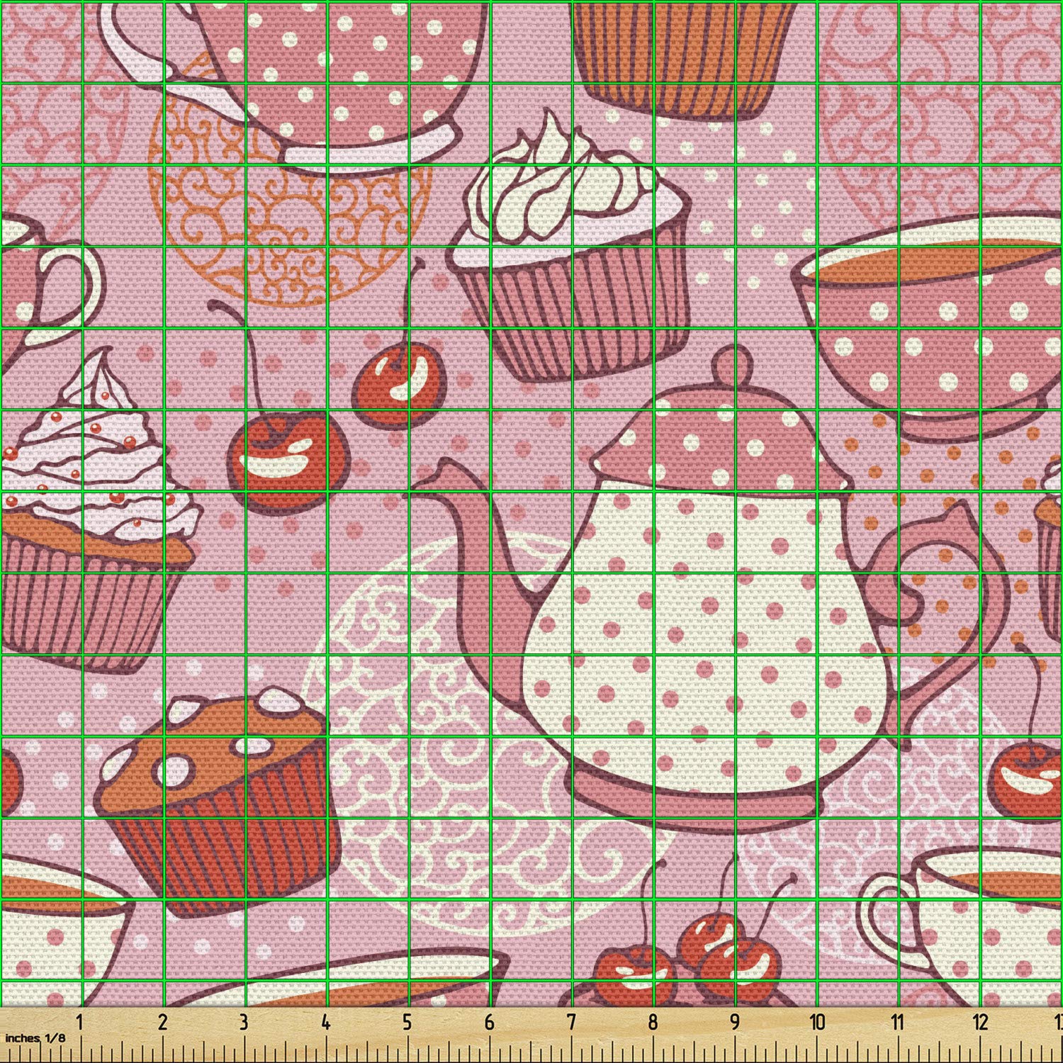 Ambesonne Cartoon Teapot & Cup Fabric by The Yard - Pink Orange Red Polka Dot Cherry Print Upholstery Material for DIY Home Decor, Curtains, Pillows (10 Yards) | Perfect for Kitchen, Living Room & Nursery Accents