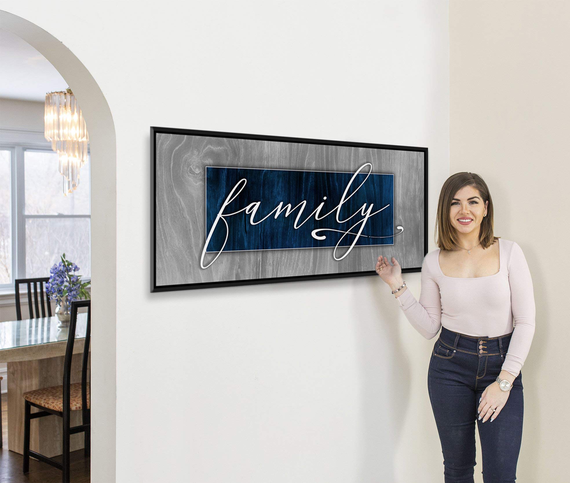 Farmhouse Family Sign - Rustic Wall Decor for Living Room with Blue & Black Floating Frame (42x19) | Perfect for Home Entryway, Living Room, or Farmhouse Style Decor