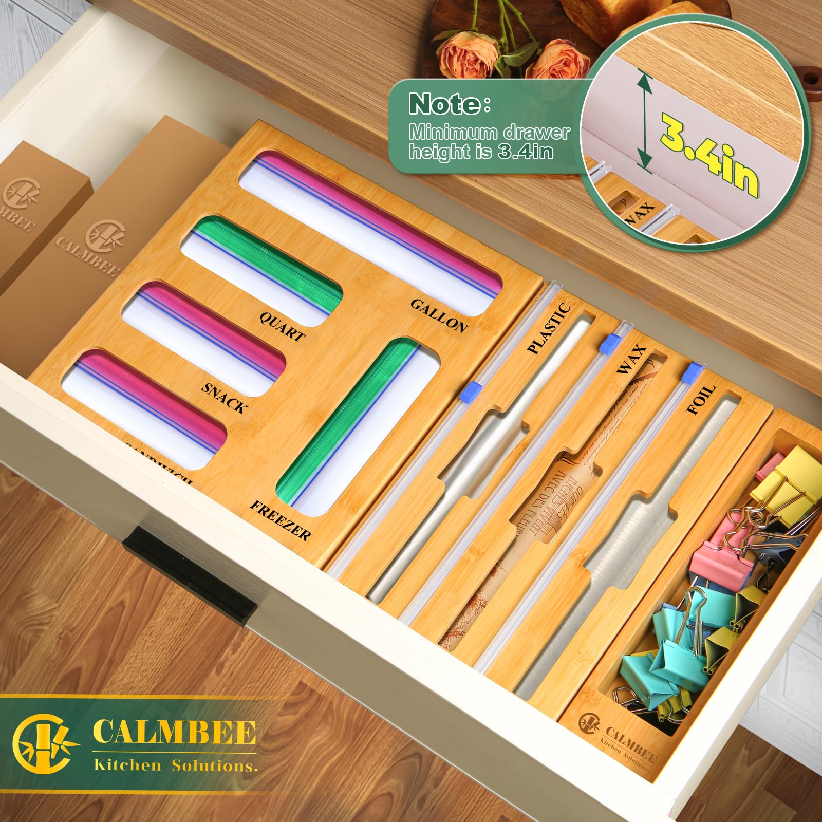 Calmbee 9-in-1 Kitchen Drawer Organizer - Bamboo Foil & Plastic Wrap Storage with Built-in Cutter - Fits Gallon, Quart & Sandwich Bags - Space Saving Solution for Pantry & Food Storage Organization