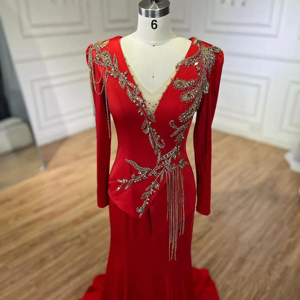 Elegant Arabic Red Mermaid Dresses for Women - Beaded Luxury Evening Gown with Tassel Details | Dubai Style Wedding Party Dress LA72558 | Perfect for Formal Events, Red Carpet & Special Occasions