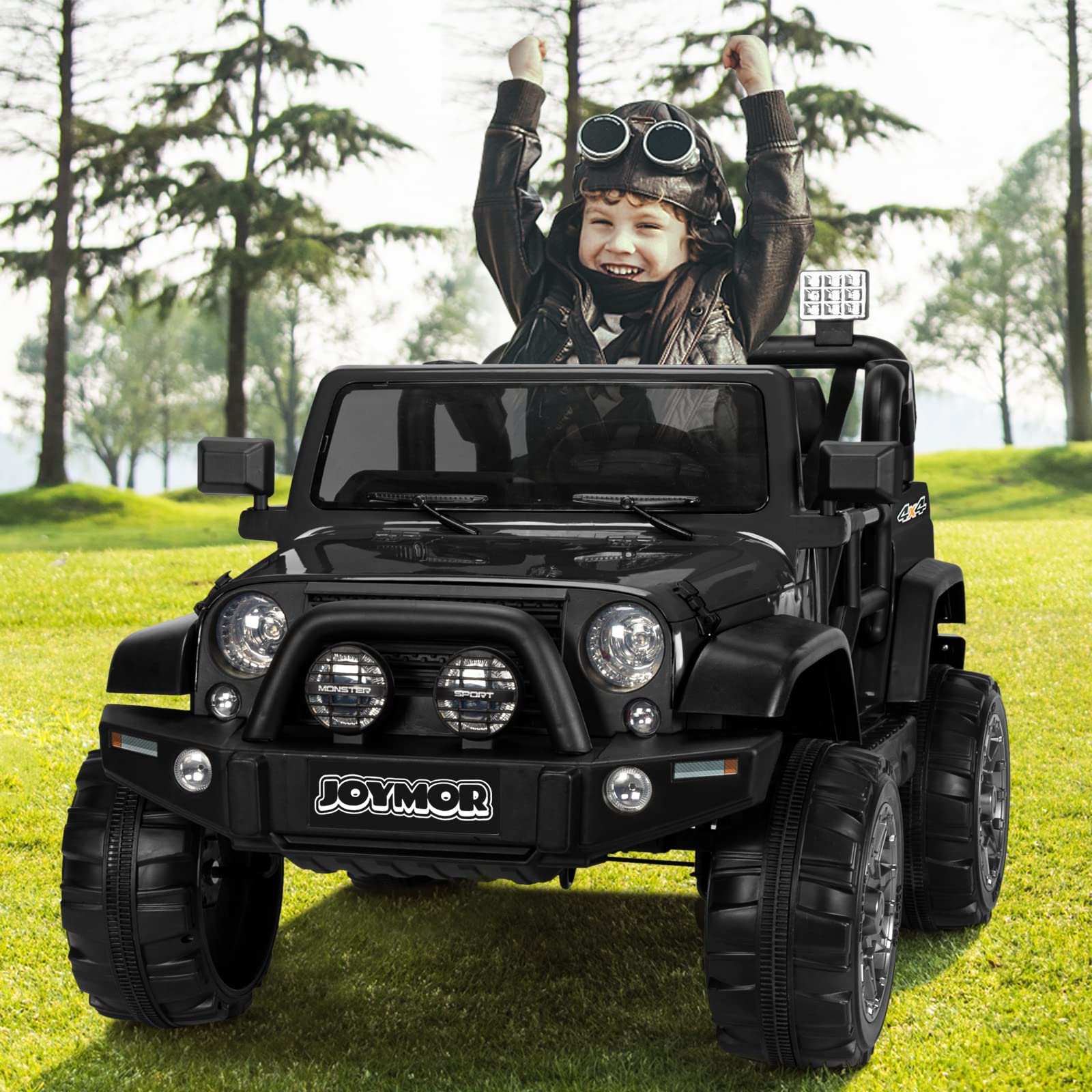 12V Electric Ride On Car for Kids - 2 Seater Remote Control Toy Vehicle with Suspension Wheels, LED Lights, Horn & Seat Belts - Perfect for Indoor & Outdoor Play (Black)