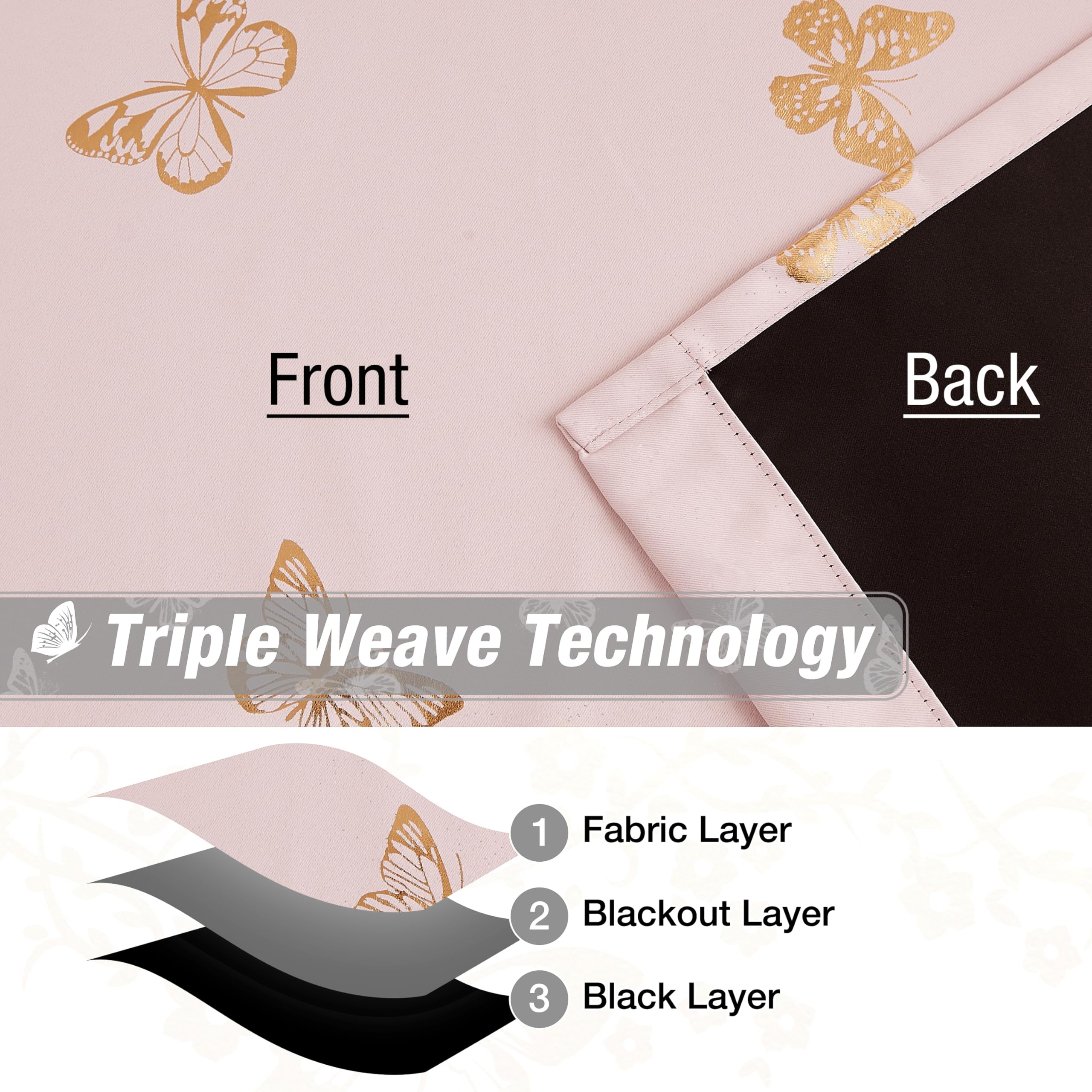 Jubilantex Pink Gold Butterfly Blackout Curtains - Thermal Insulated Grommet Window Drapes with Black Layer for Girls Bedroom (52x95 Inch, 2 Panels) - Perfect for Nursery, Kids Room & Light-Sensitive Sleepers