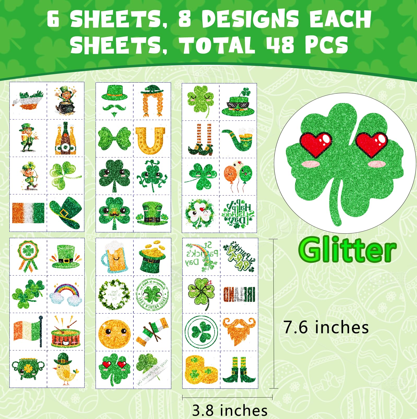 48Pcs St Patrick's Day Temporary Tattoos & Stickers - Shamrock, Green Glitter Face Tattoos for Irish Party Decorations - Perfect for St Patrick's Day Celebrations, Parades, and Irish-Themed Events