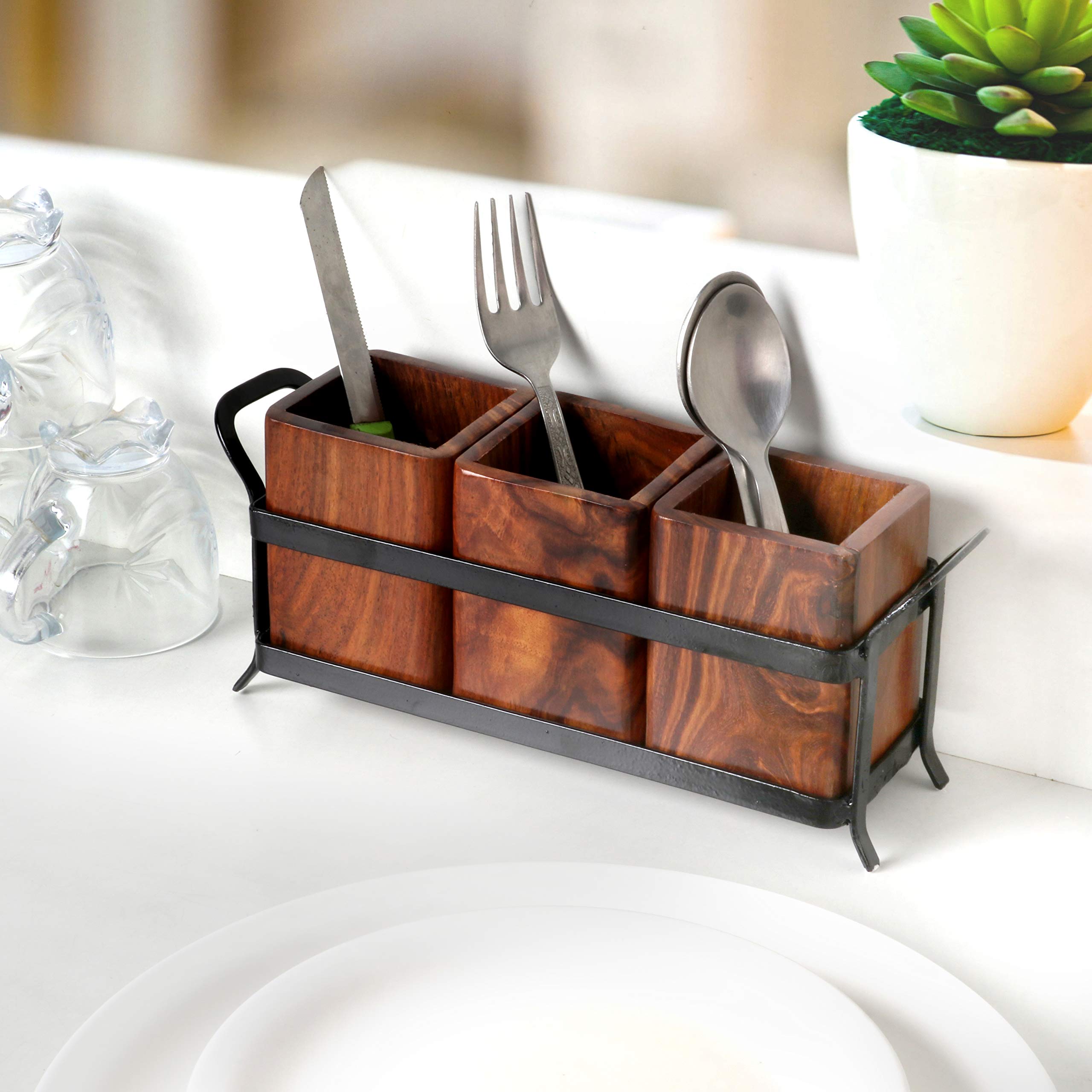 Wooden and Wrought Iron Table Organizer - 3-Tier Multipurpose Stand for Dining Table | Rustic Home Decor for Kitchen, Living Room & Office Organization