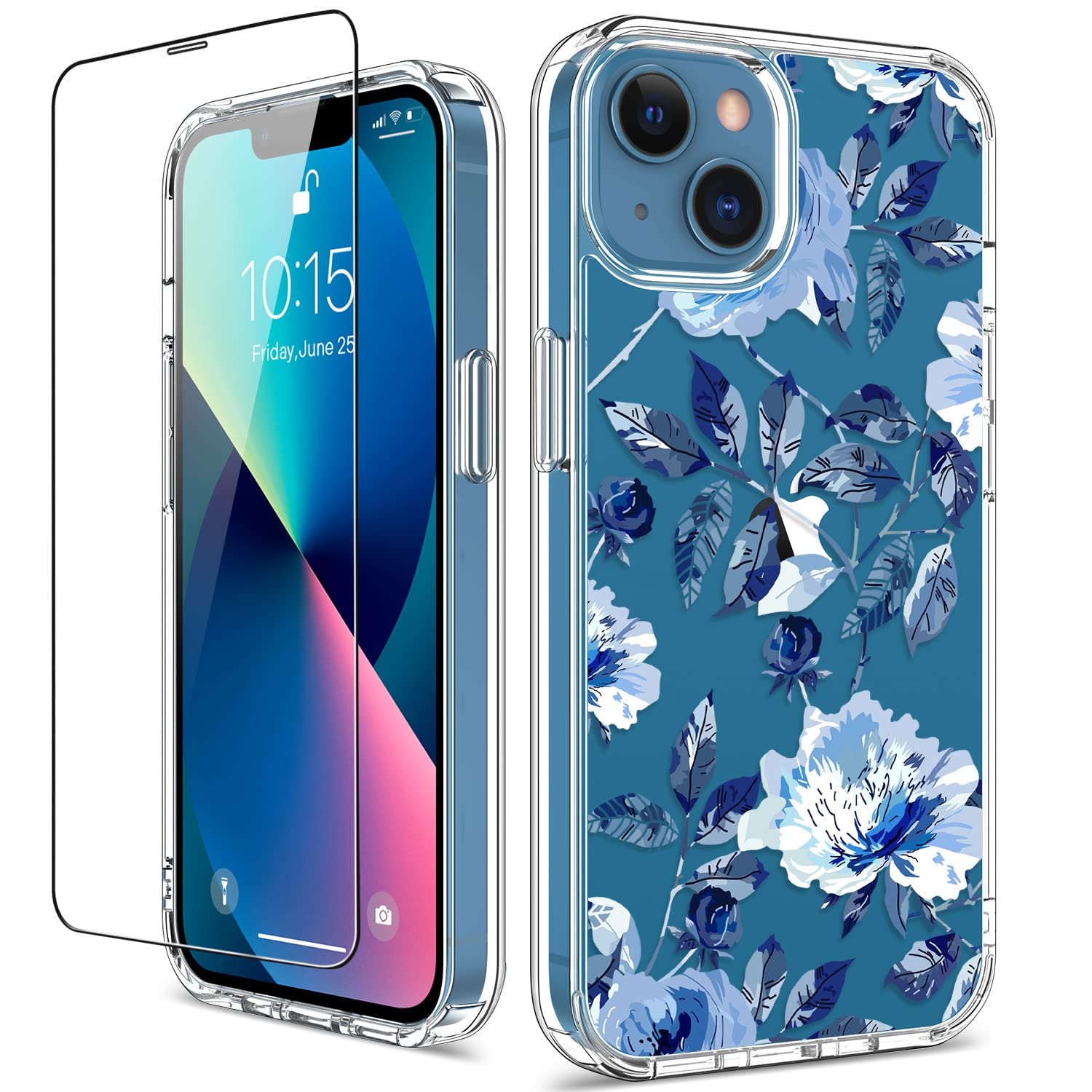 GiiKa iPhone 13 Mini Case with Screen Protector - 5.4 Inch Clear Shockproof Protective Hard Case with TPU Bumper Cover - Floral Design for Women & Girls - Blue Flowers - Perfect for Everyday Use, Travel & Outdoor Activities