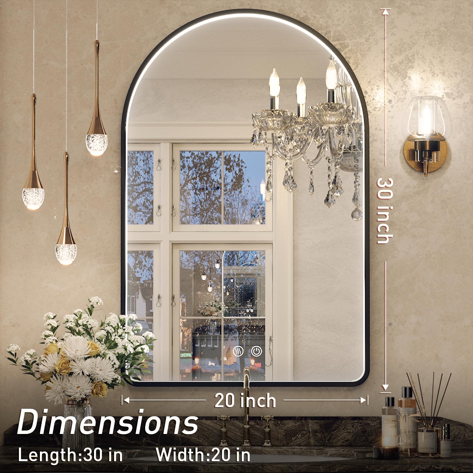 20X30 Inch Arched LED Bathroom Mirror with Anti-Fog & Dimmable Lights - Black Framed Vanity Mirror for Makeup, Shaving and Home Decor