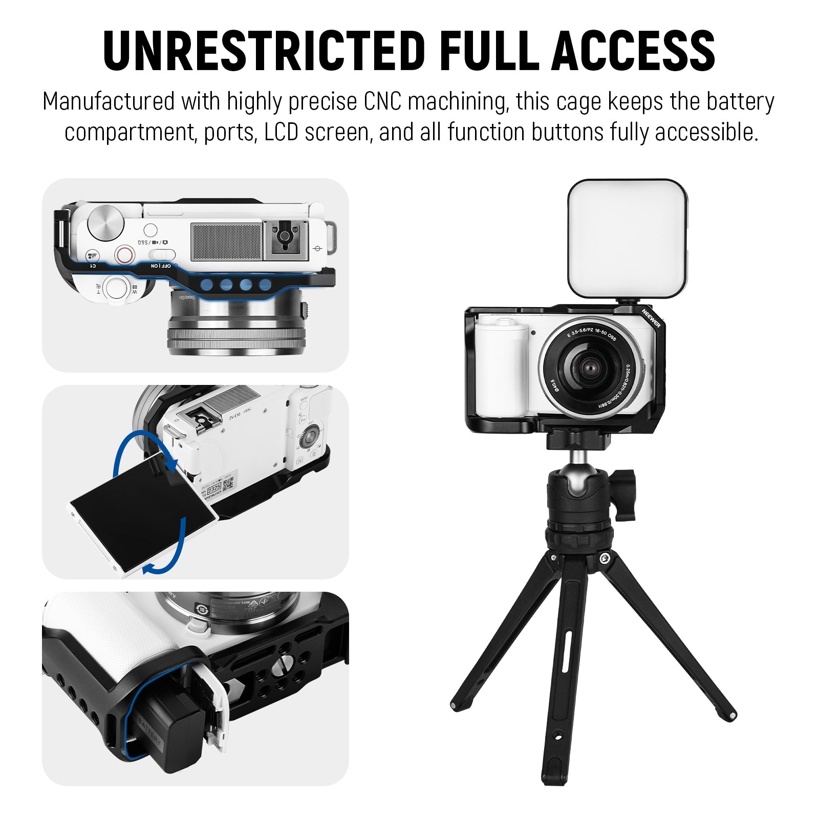 NEEWER CA003 Camera Cage for Sony ZV-E10 - Durable Aluminum Alloy DSLR Rig with Cold Shoe Mount & 1/4