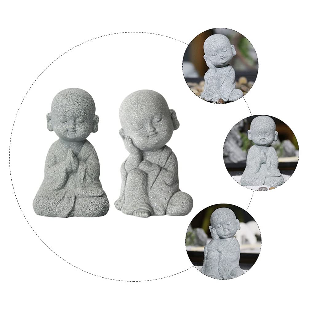 2pcs Little Monk Ornaments - Cabilock Sandstone Car Dashboard Decor, Buddhism Kung Fu Monk Statue for Fish Tank, Bonsai & Porch Display | Auto Accessories & Home Decoration