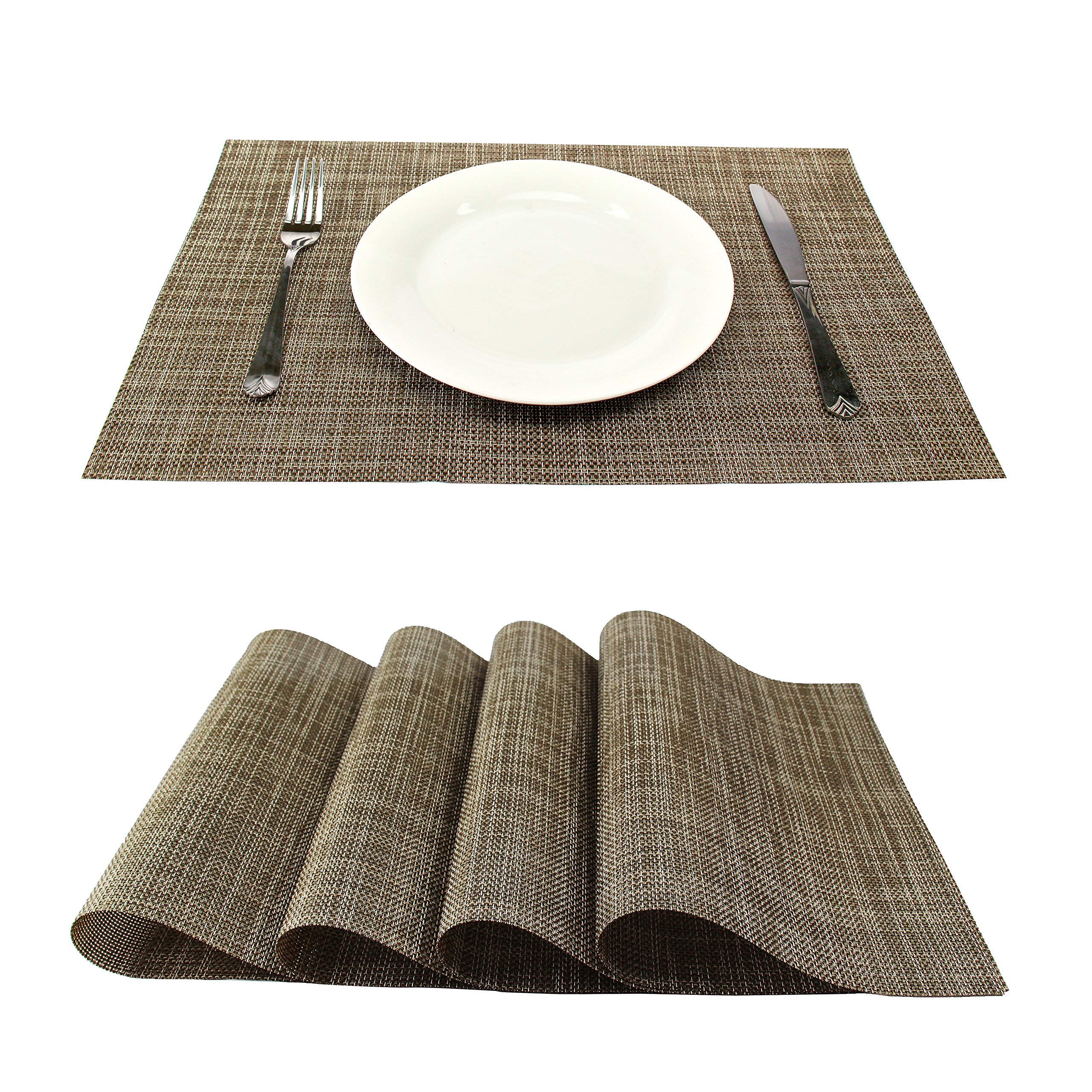 GEFEII Non-Slip Heat-Resistant PVC Woven Vinyl Placemats Set of 6 - Stain Proof, Washable Dining Table Mats for Kitchen & Home Decor (Brown) | Perfect for Everyday Meals, Dinner Parties & Holiday Gatherings