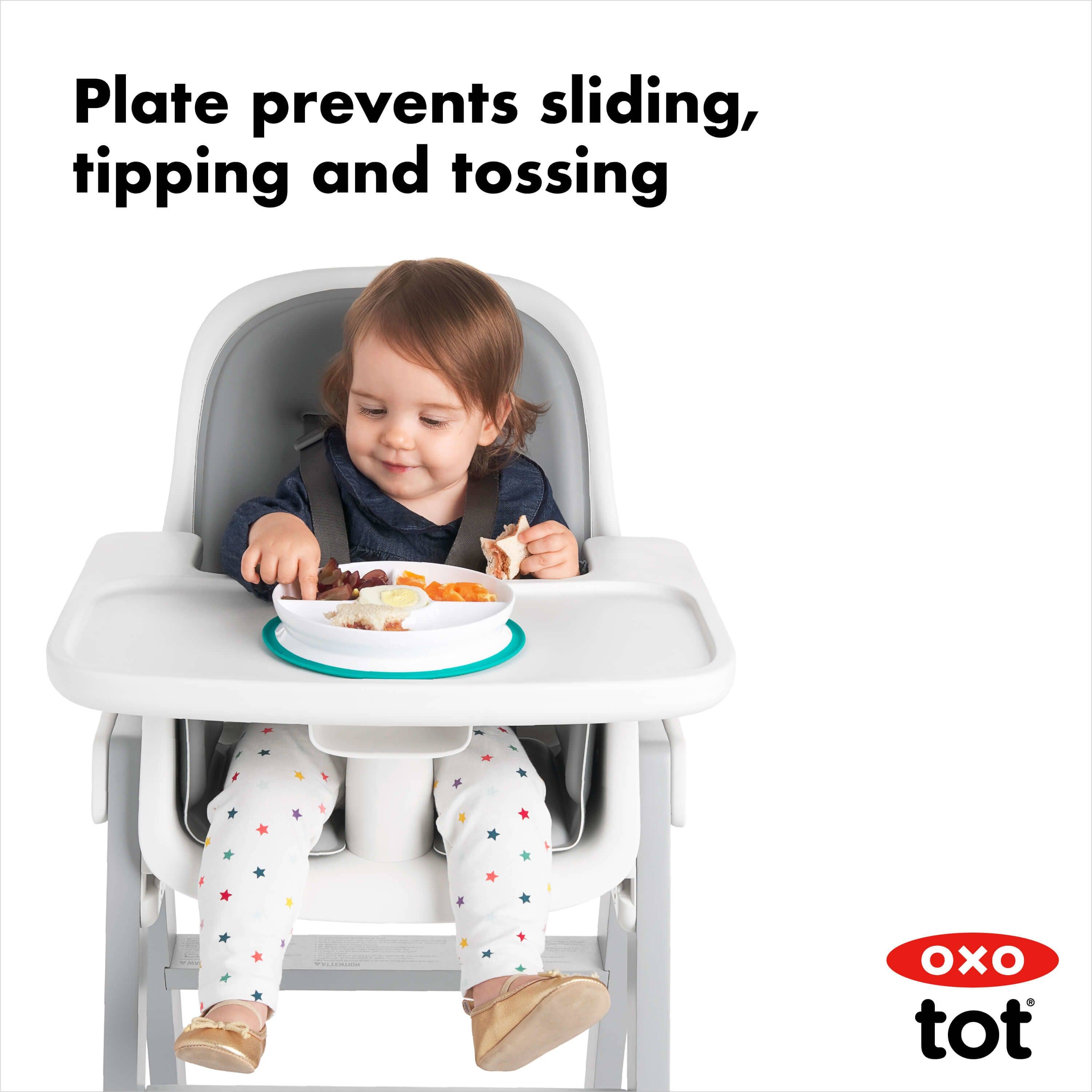 OXO Tot Stick & Stay Divided Plate - Teal Baby Feeding Dish with Suction Base for Toddlers | Perfect for High Chairs, Travel & Mess-Free Meals