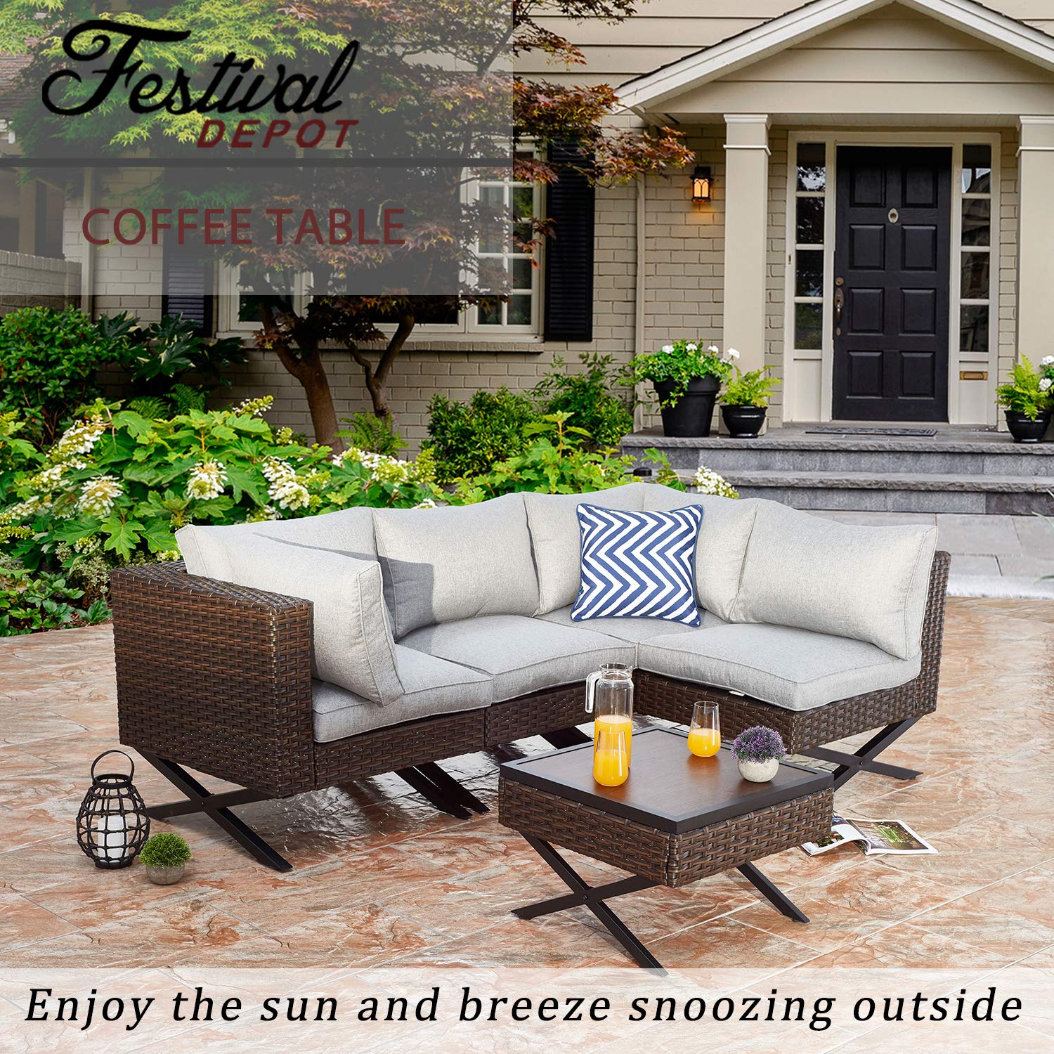 Festival Depot Metal Outdoor Side Coffee Table - Wood Grain Top Wicker Rattan Furniture with X-Shaped Steel Legs - Brown & Black Square Patio Bistro Table for Living Room, Dining Area, Garden & Poolside Relaxation