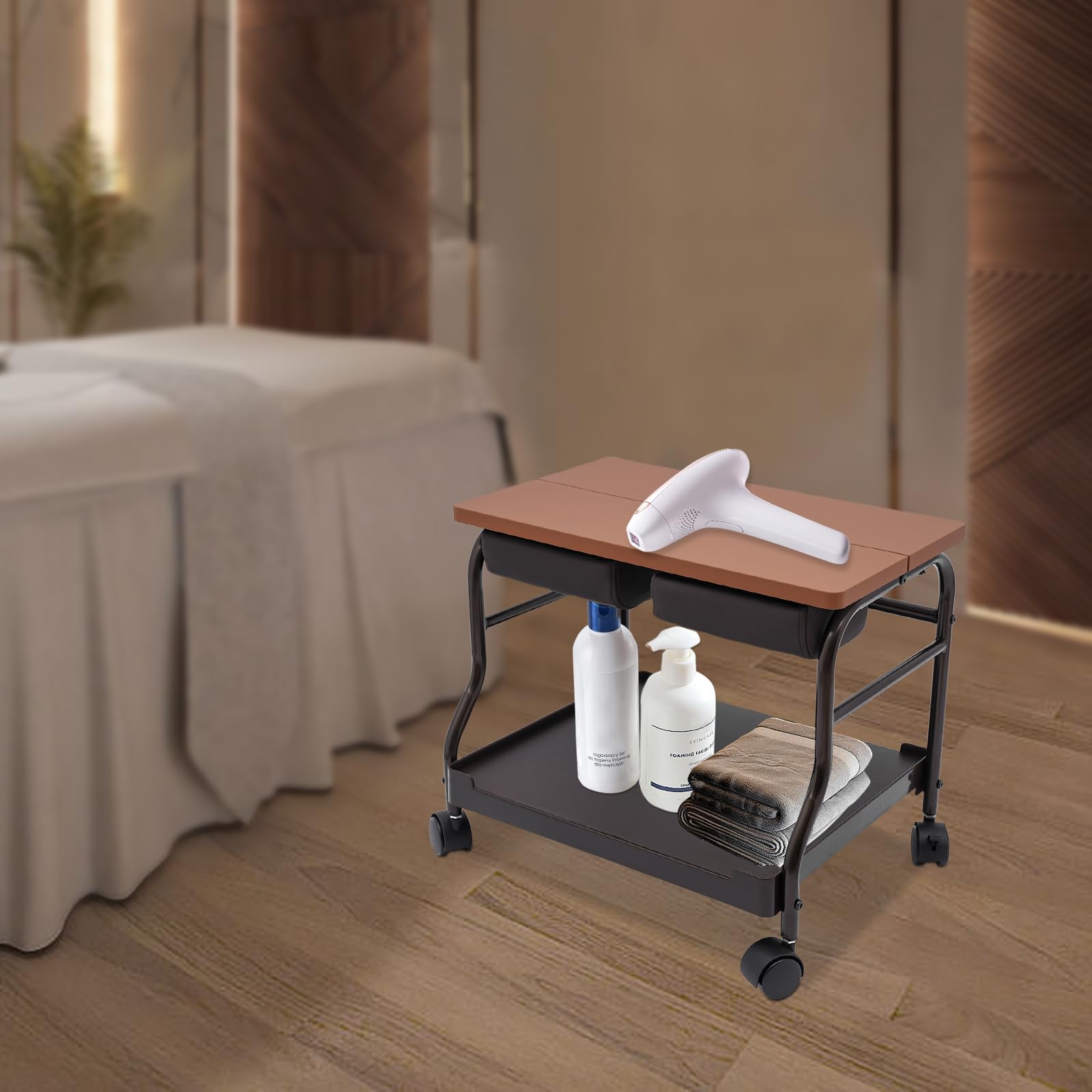 Premium Pedicure Foot Rest Cart with Silent Wheels - Portable Beauty Salon Trolley for Nail & Foot Spa - Durable Brown Platform for Manicure & Pedicure Services - Perfect for Salon Professionals & Home Spa Treatments
