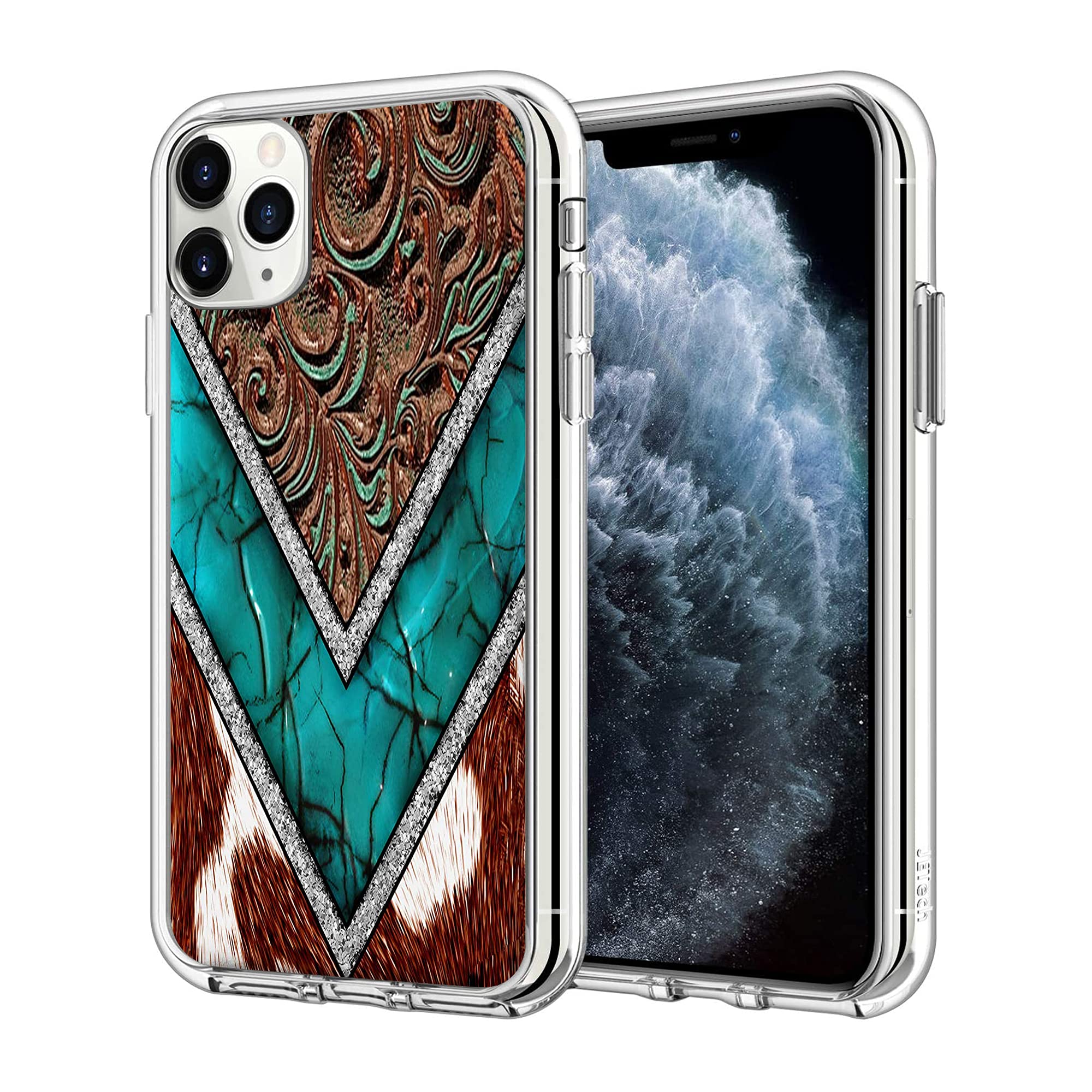 iPhone 12/12 Pro Clear Case - Slim Soft TPU Western Cowhide Turquoise & Brown Animal Print Shockproof Protective Cover | Perfect for Everyday Use, Travel & Outdoor Activities