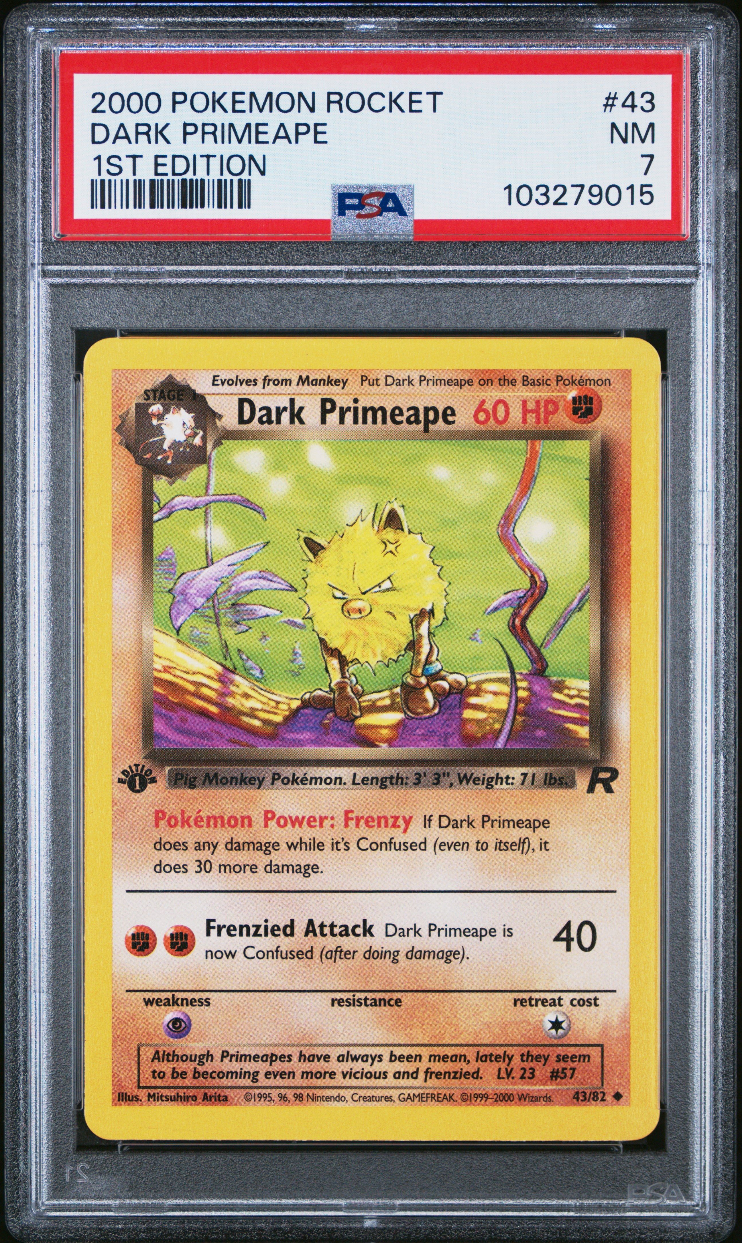 2000 Pokemon Rocket 1st Edition Dark Primeape 43/82 PSA 7 Graded Card - Rare Collectible for Trading Card Game (TCG) Players & Pokemon Fans - Perfect for Display, Investment, and Battling