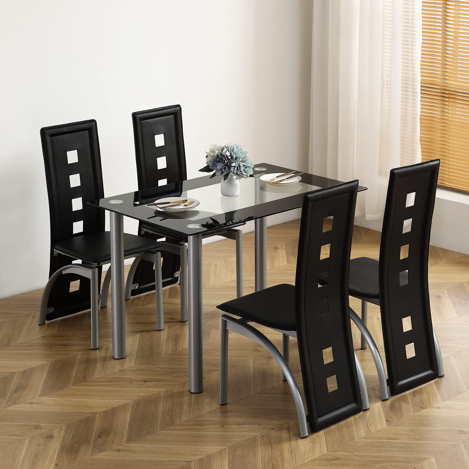 5-Piece Modern Dining Table Set for 4 - Tempered Glass Top Kitchen Table with 4 PU Leather High-Back Chairs - Space-Saving Solution for Small Kitchens, Apartments & Dining Rooms - Perfect for Family Meals, Dinner Parties & Compact Living Spaces