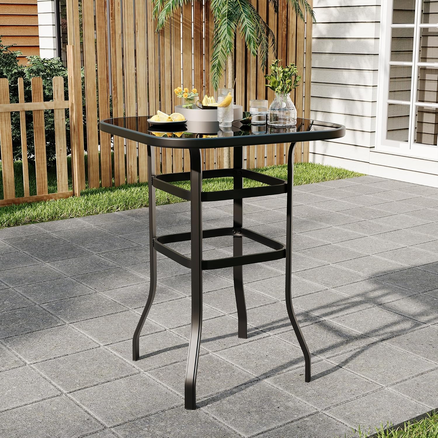 GARVEE 31.5 Inch Height Bistro Square Table with Metal Frame & Tempered Glass Top - Outdoor Patio Bar Table for Garden, Balcony, and Backyard Dining