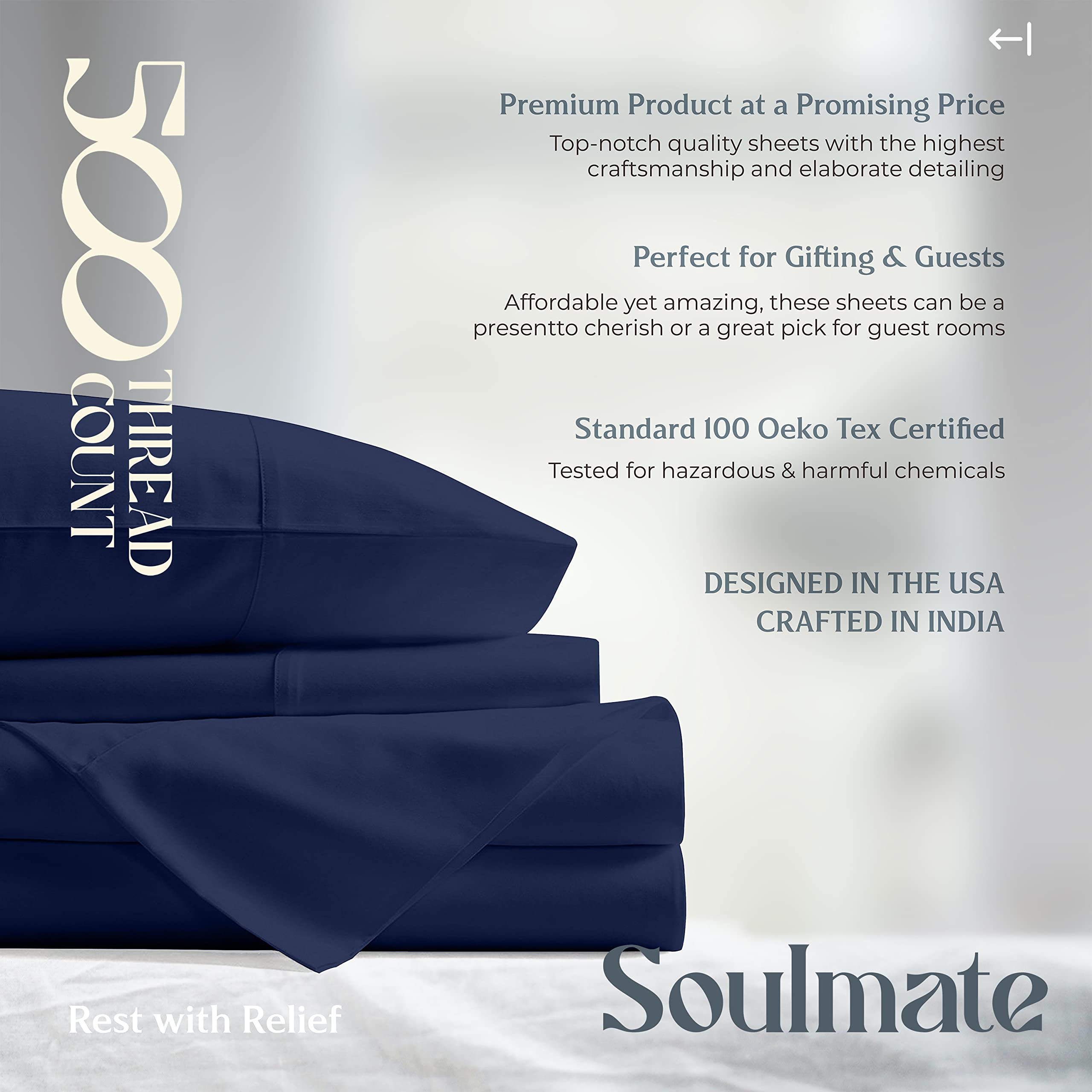 Mayfair Linen 500 Thread Count Twin XL Cotton Sheets - 3 Piece Bed Sheet Set, Ultra Soft & Cooling Sateen Weave, Navy Blue, Hotel Quality with 16