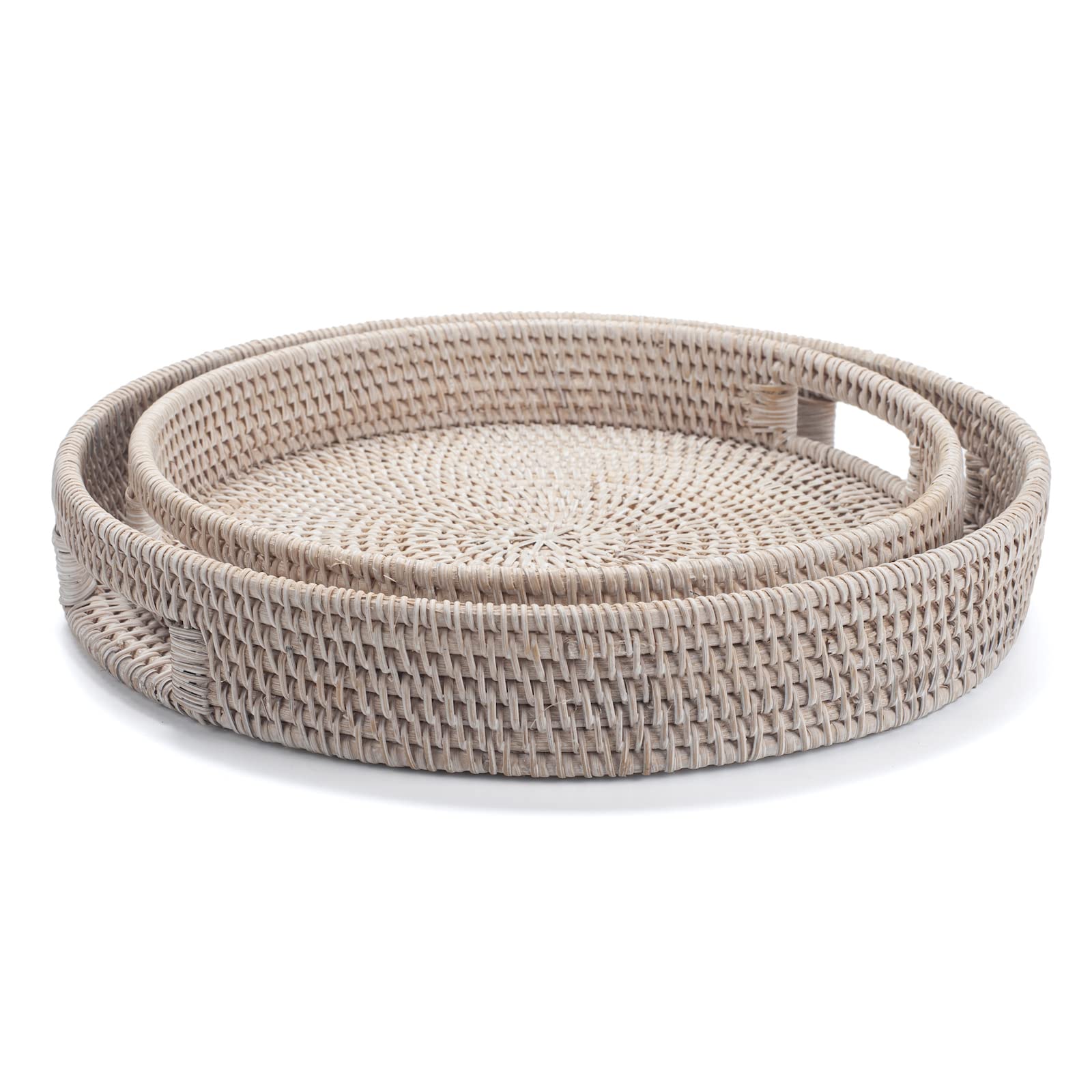 14.2 Inch Round Rattan Tray - Woven Serving Tray with Handles, Whitewashed Ottoman Tray, Wicker Basket for Coffee Table, Dining, and Home Decor | Perfect for Breakfast in Bed, Living Room Storage, and Party Serving (Whitewash, 14.2 Inch)