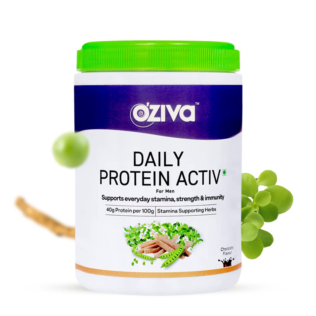 OZiva Daily Protein Activ for Men - 40g Protein per 100g with Probiotics | Muscle Building & Recovery Powder for Stamina & Energy | Chocolate Flavor 300g | Ideal for Post-Workout, Weight Training & Active Lifestyle